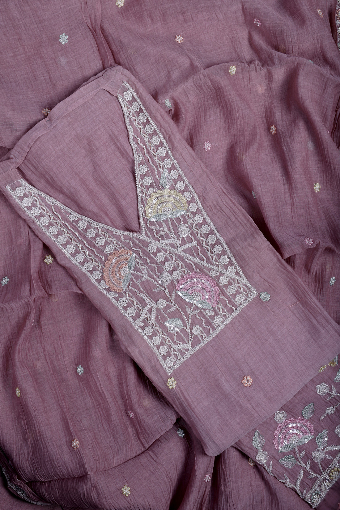 Dusty Mauve Mul Chanderi Suit Set with Handwork & Katdana Detailing