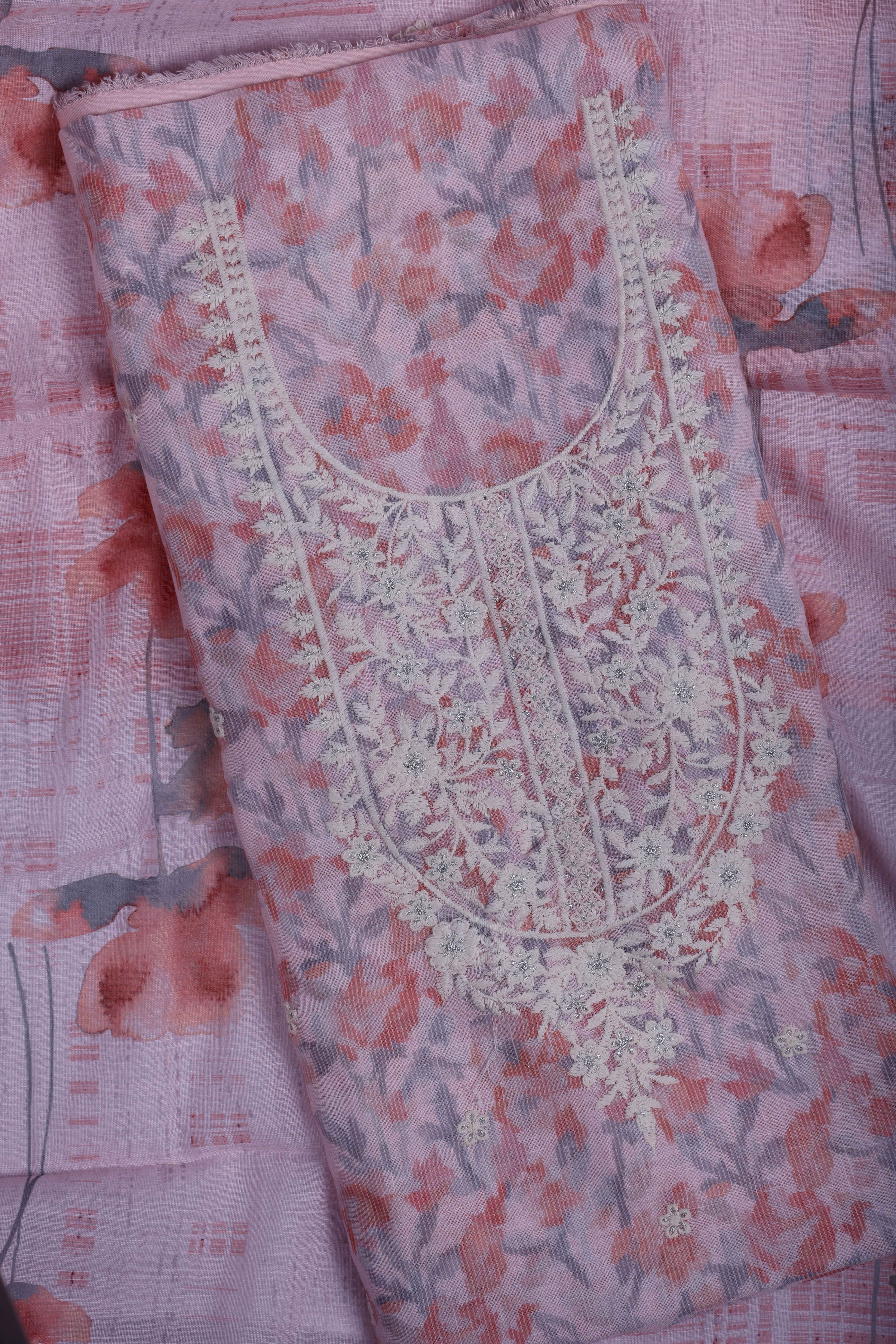 Pastel Pink Linen Digital Print Suit Set with Thread Embroidery