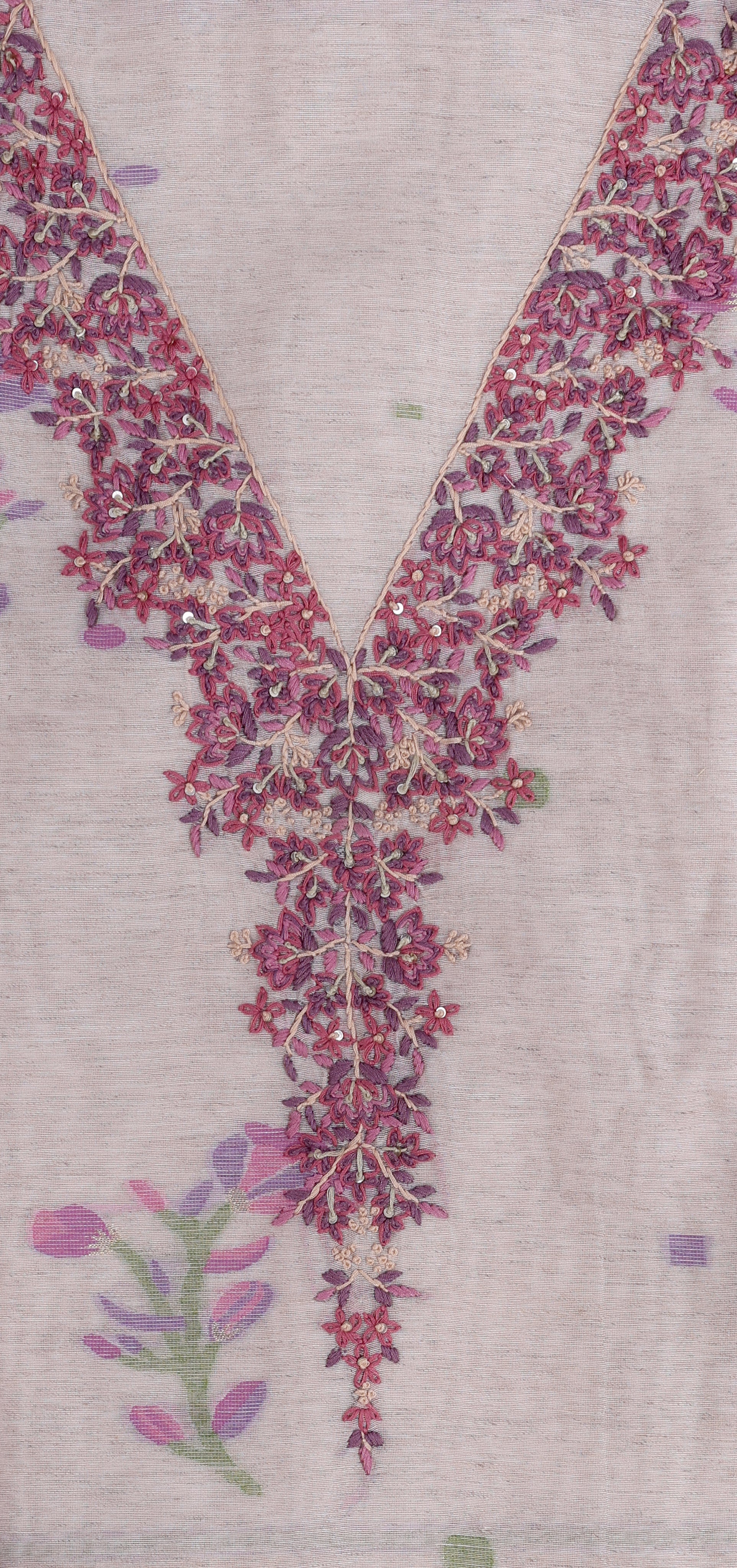 Lavender Linen Suit Set with Hand Embroidery Katha Work