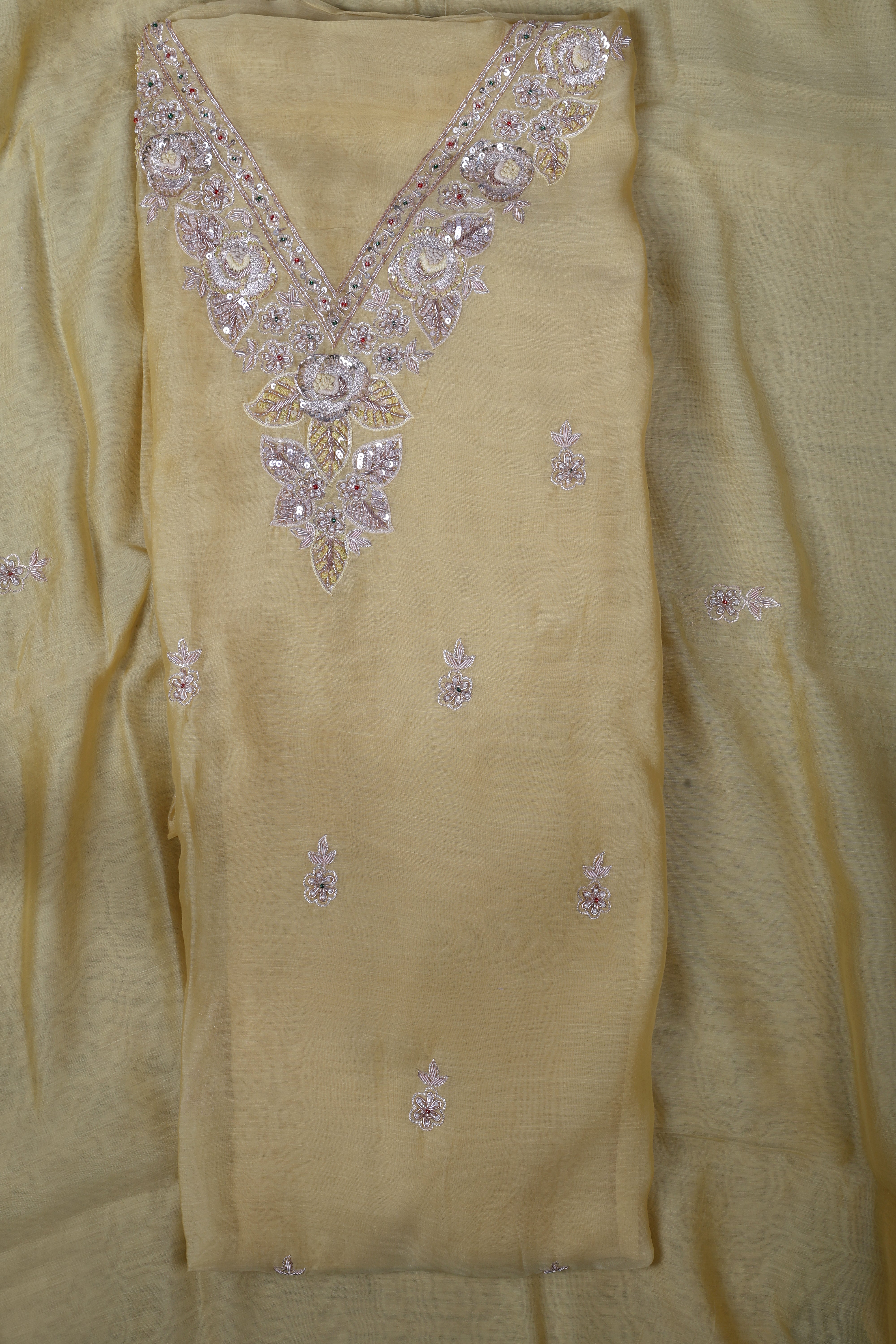 Butter Yellow Chanderi Silk Suit Set with Zardozi & Pearl Work