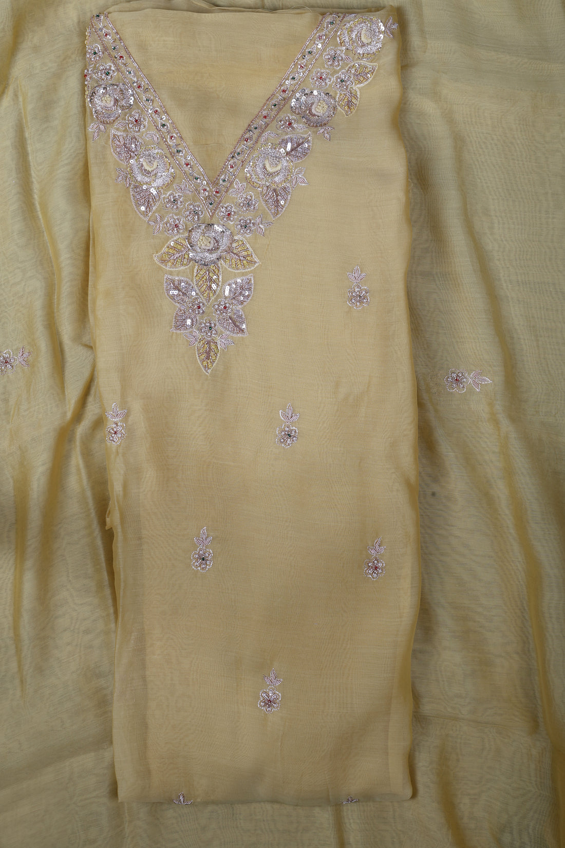 Butter Yellow Chanderi Silk Suit Set with Zardozi & Pearl Work