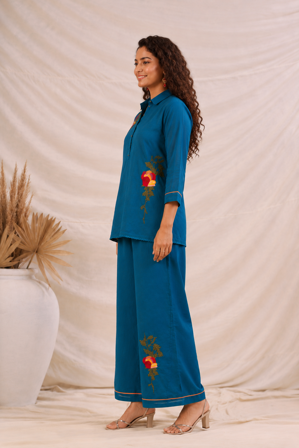 Azure Blossom Mul Chanderi Co-Ord Set