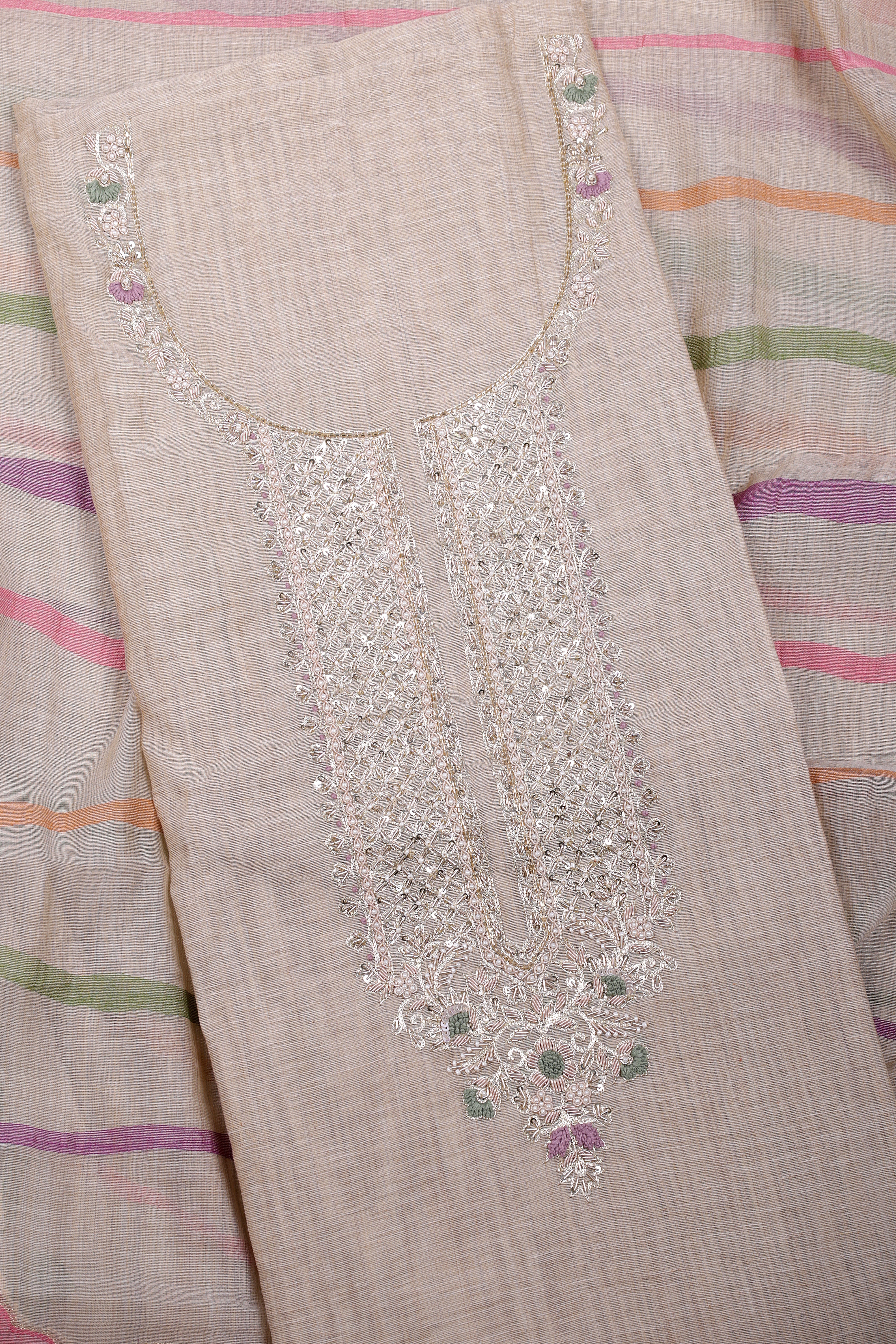 Elegant Beige Jamdani Suit Set with Zardozi & Pearl Handwork