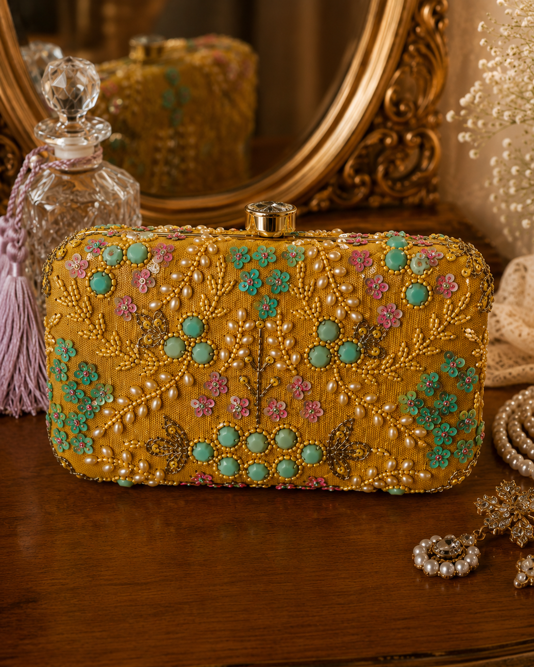 Yellow Floral Embellished Clutch