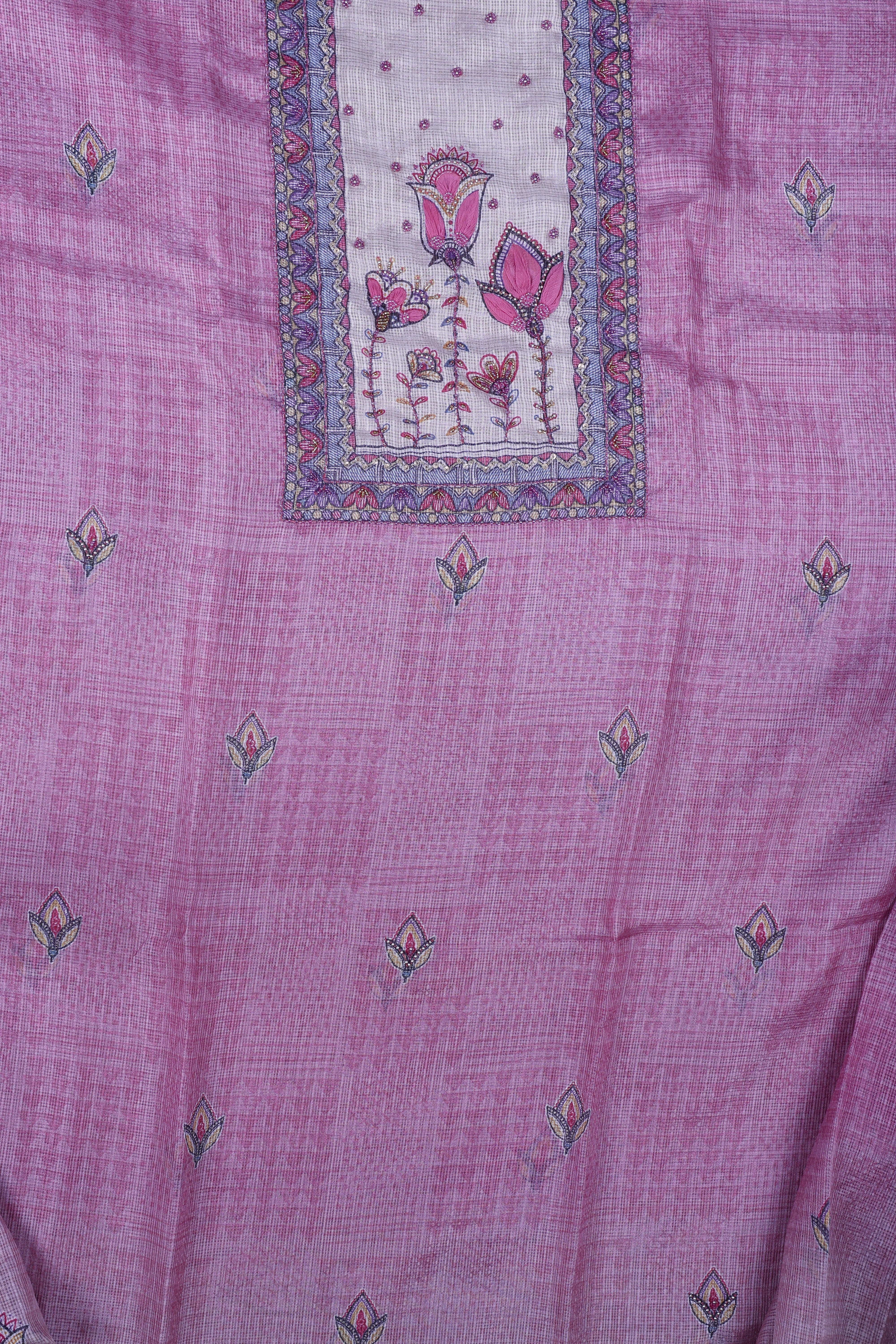 Rose Pink Kota Silk Suit Set with Pearl & Thread Work