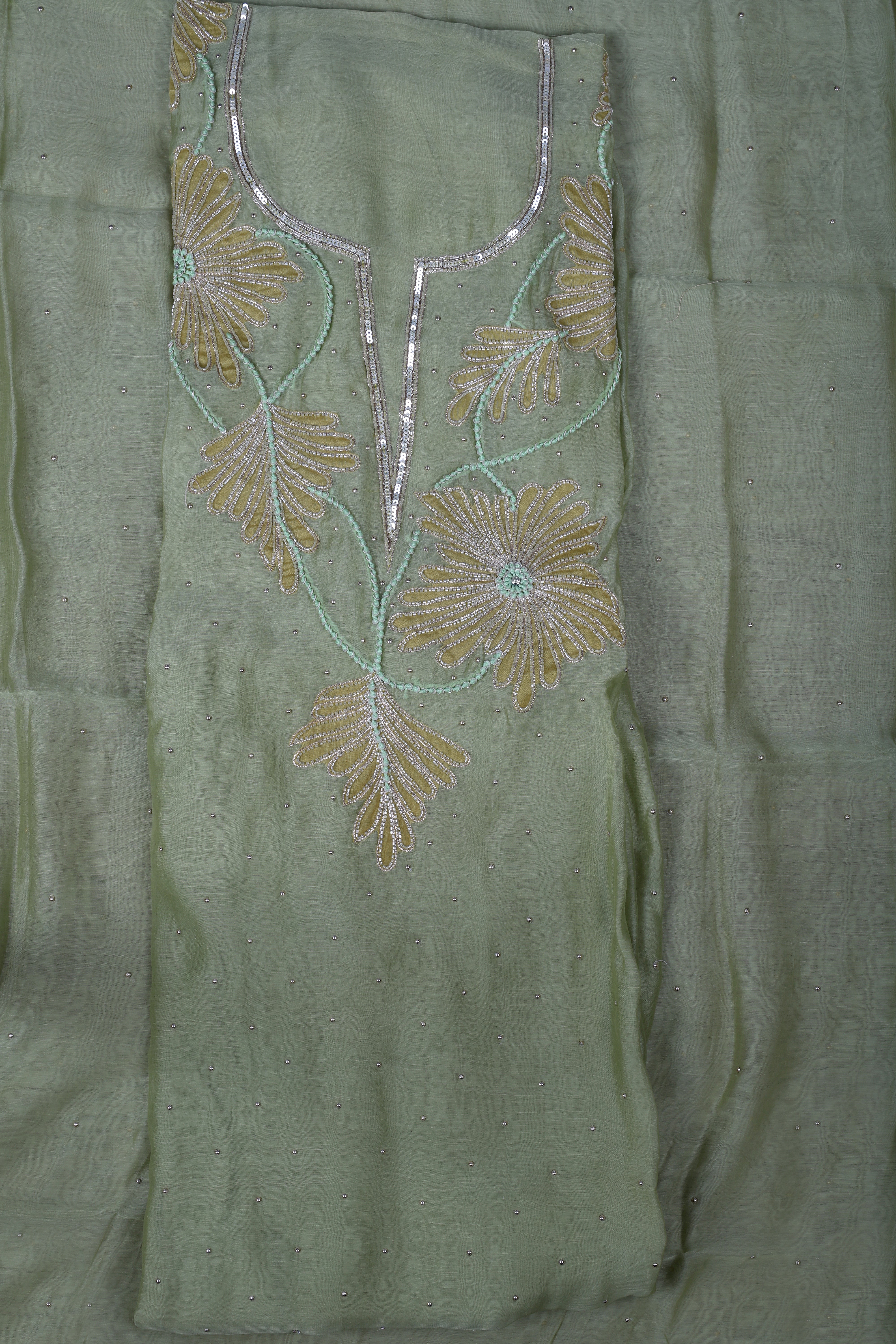 Elegant Sage Green Chanderi Silk Suit Set with Pearl & Katdana Work