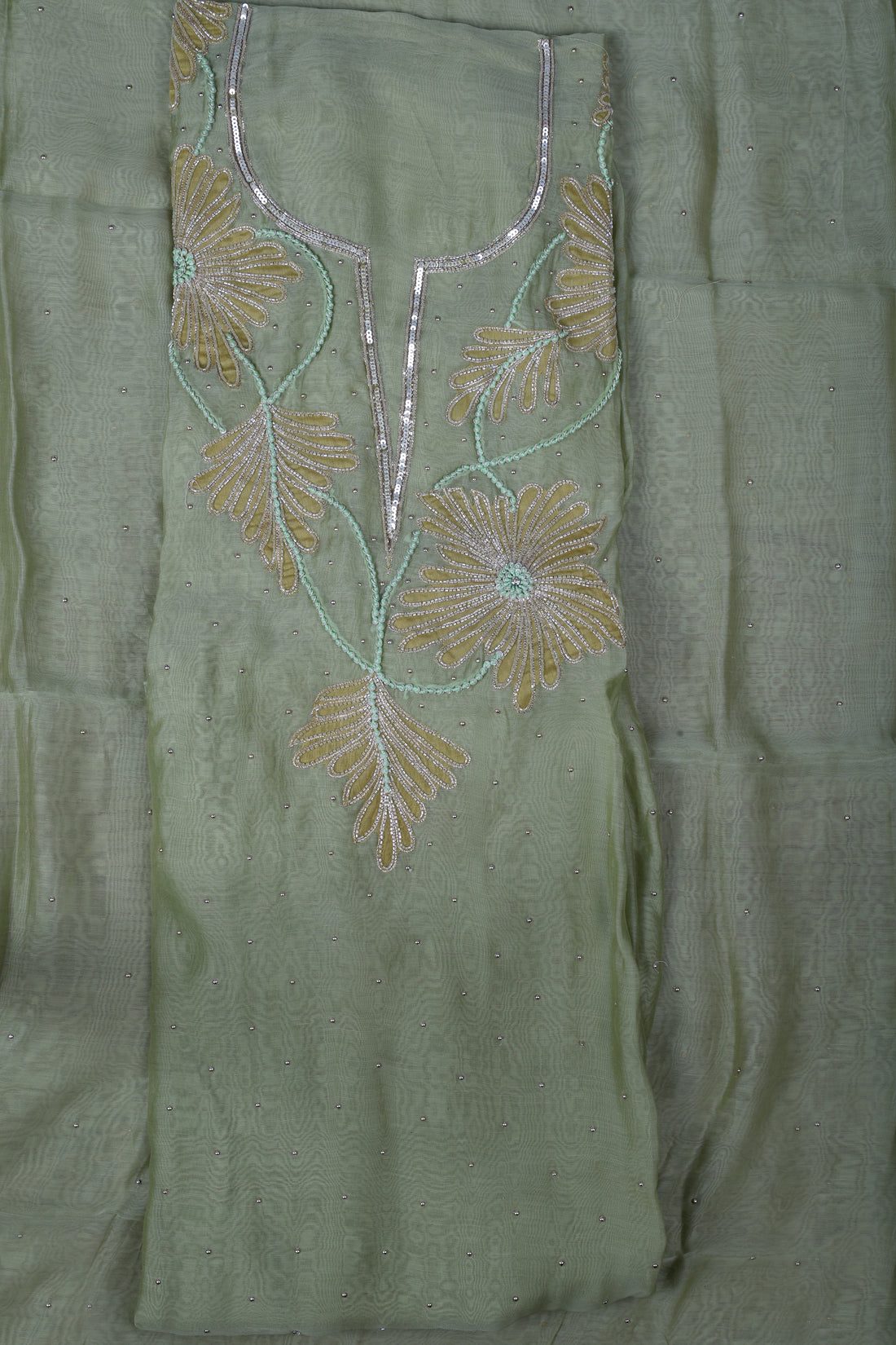 Elegant Sage Green Chanderi Silk Suit Set with Pearl & Katdana Work