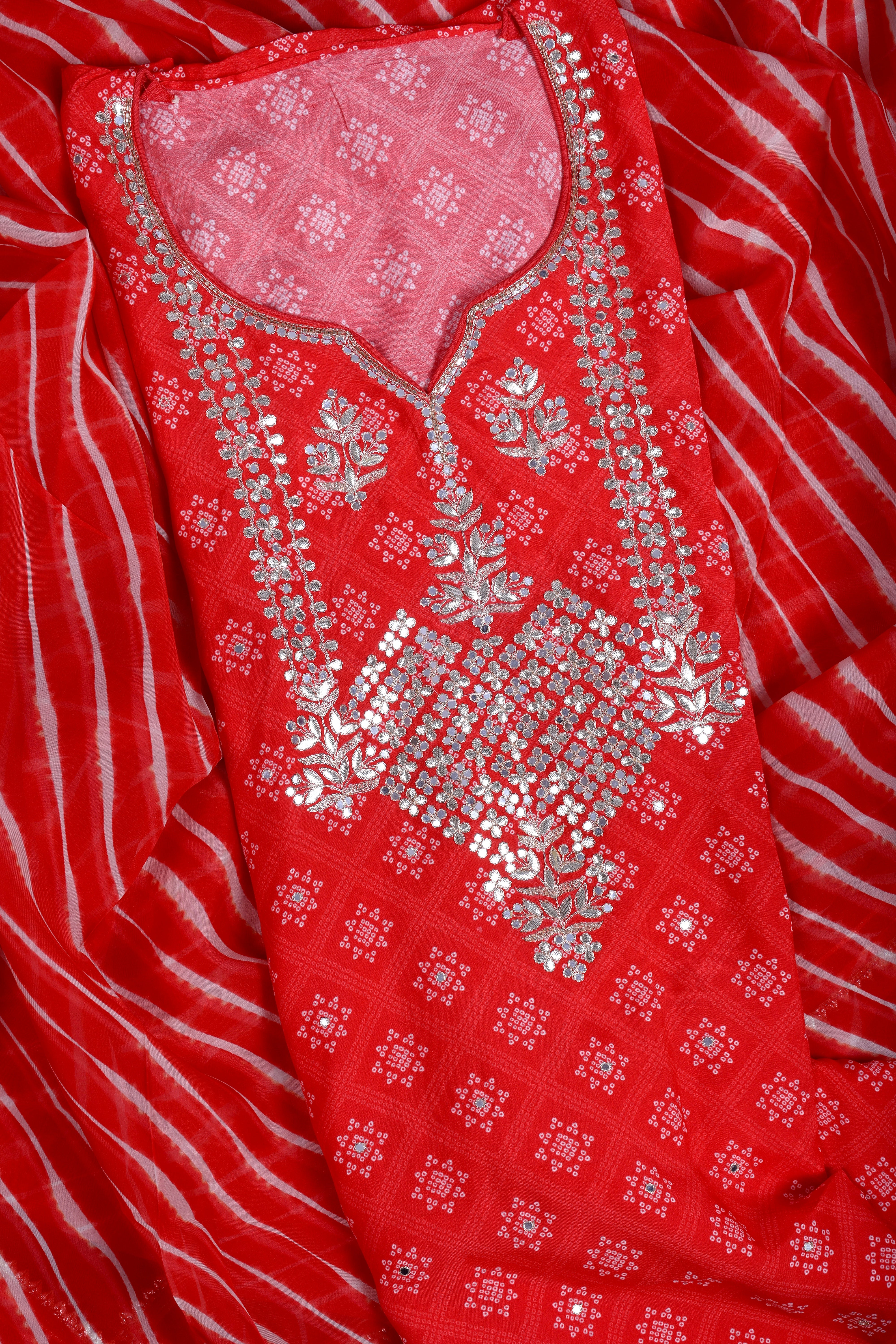 Vibrant Red Dola Silk Suit Set with Gota Work & Leheriya Organza Dupatta