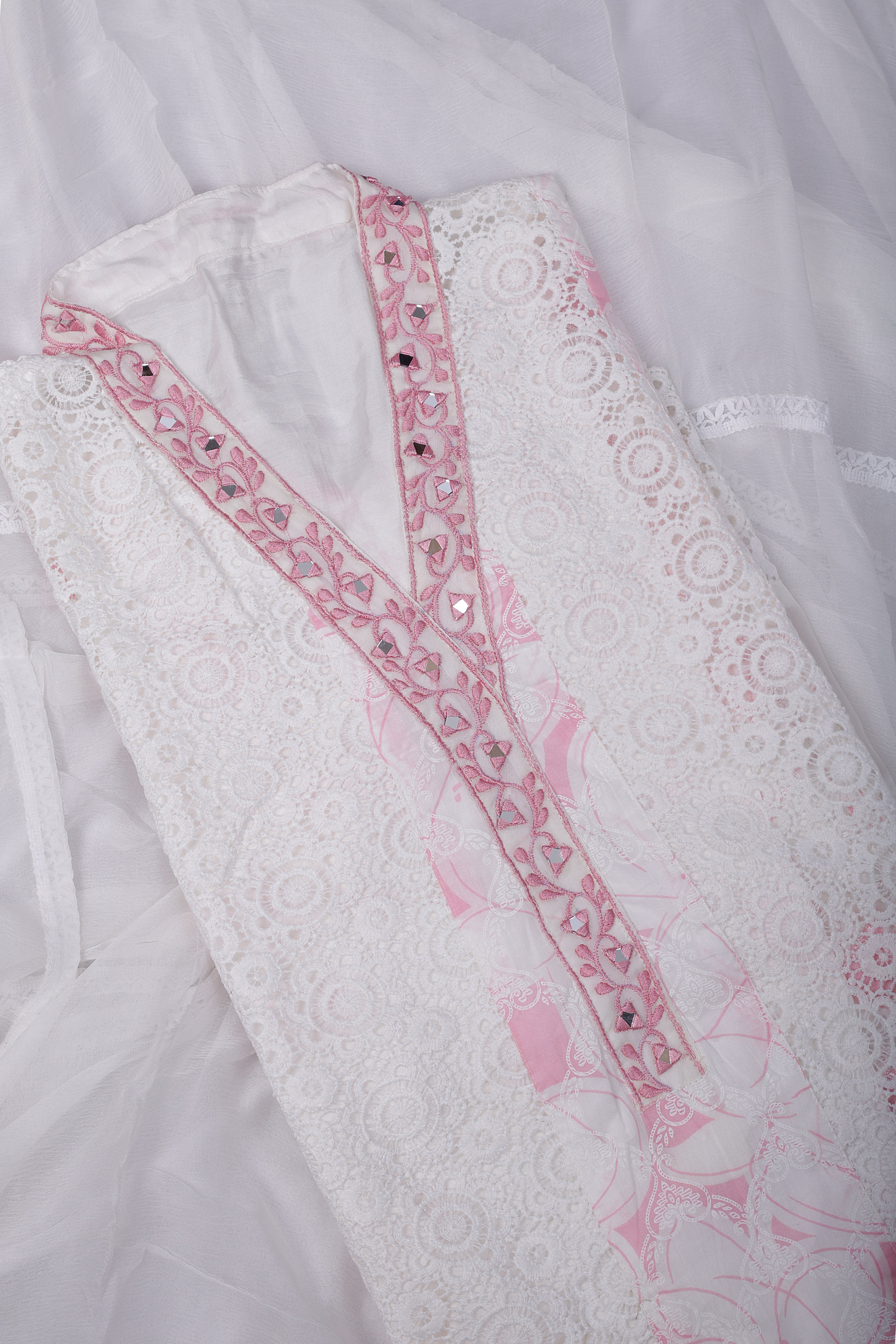 Elegant White Mul Cotton Suit Set with Mirror Work Neckline