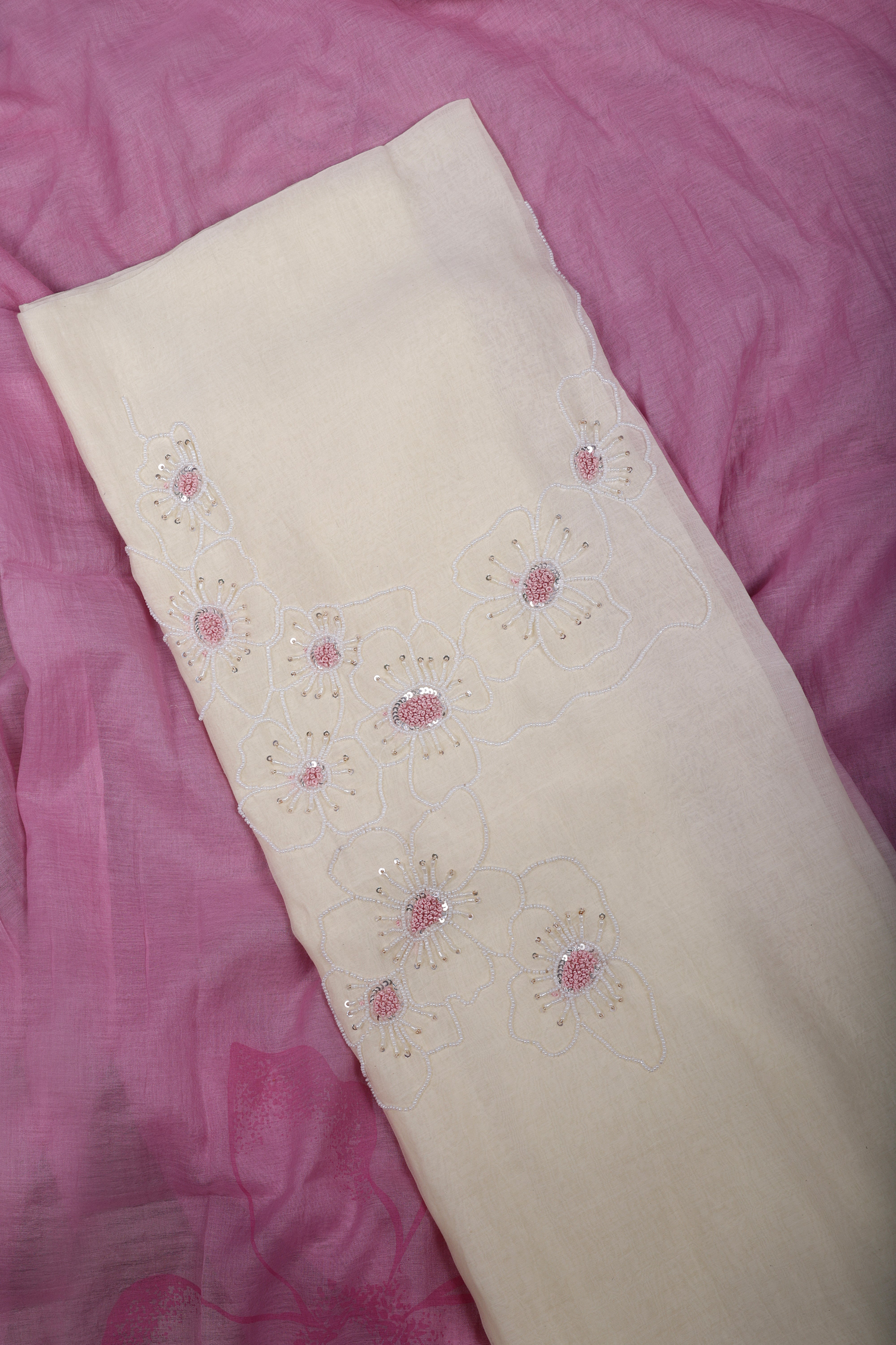 Pink Ombre Mul Chanderi Suit Set with Pearl Thread Work