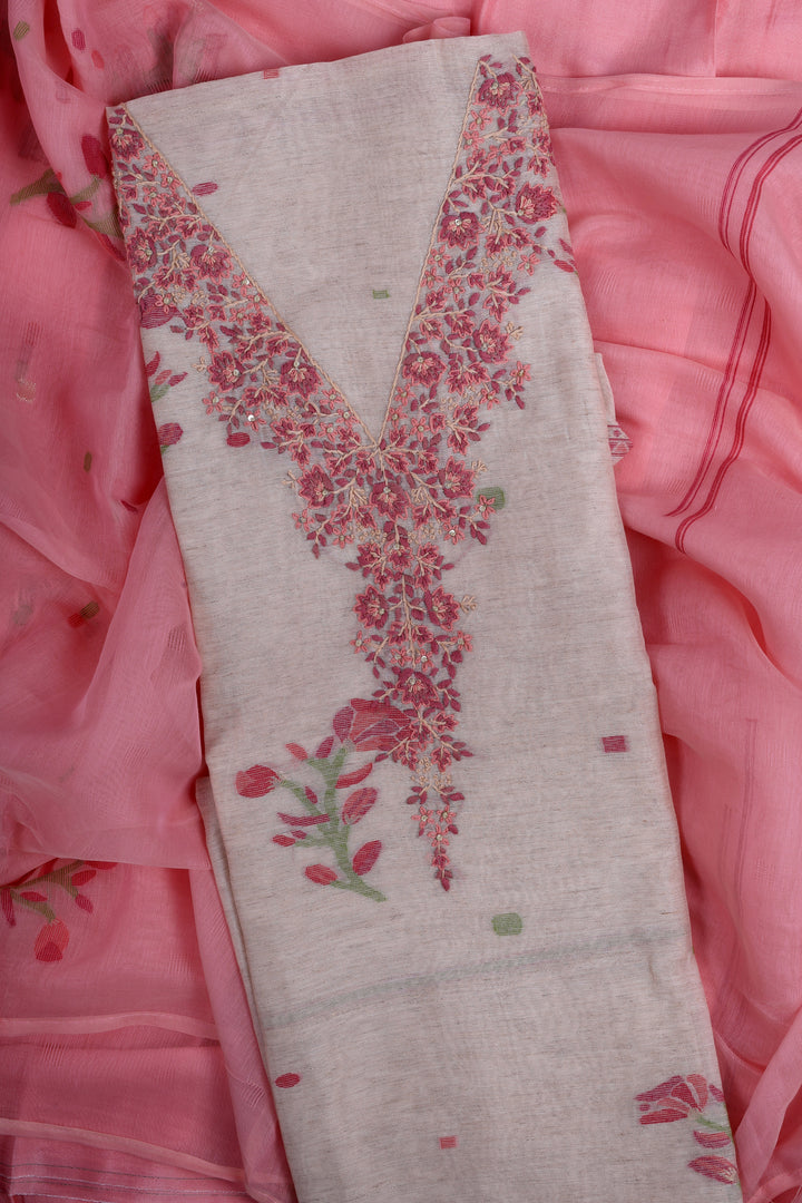 Blush Pink Linen Suit Set with Hand Embroidery Katha Work