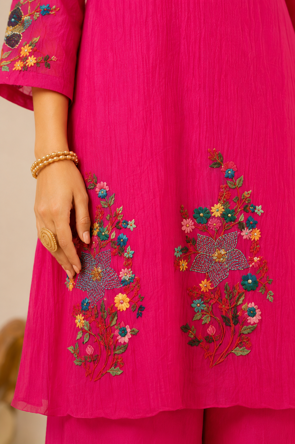 Fuchsia Bloom Hand-Embroidered Mul Chanderi Co-Ord Set