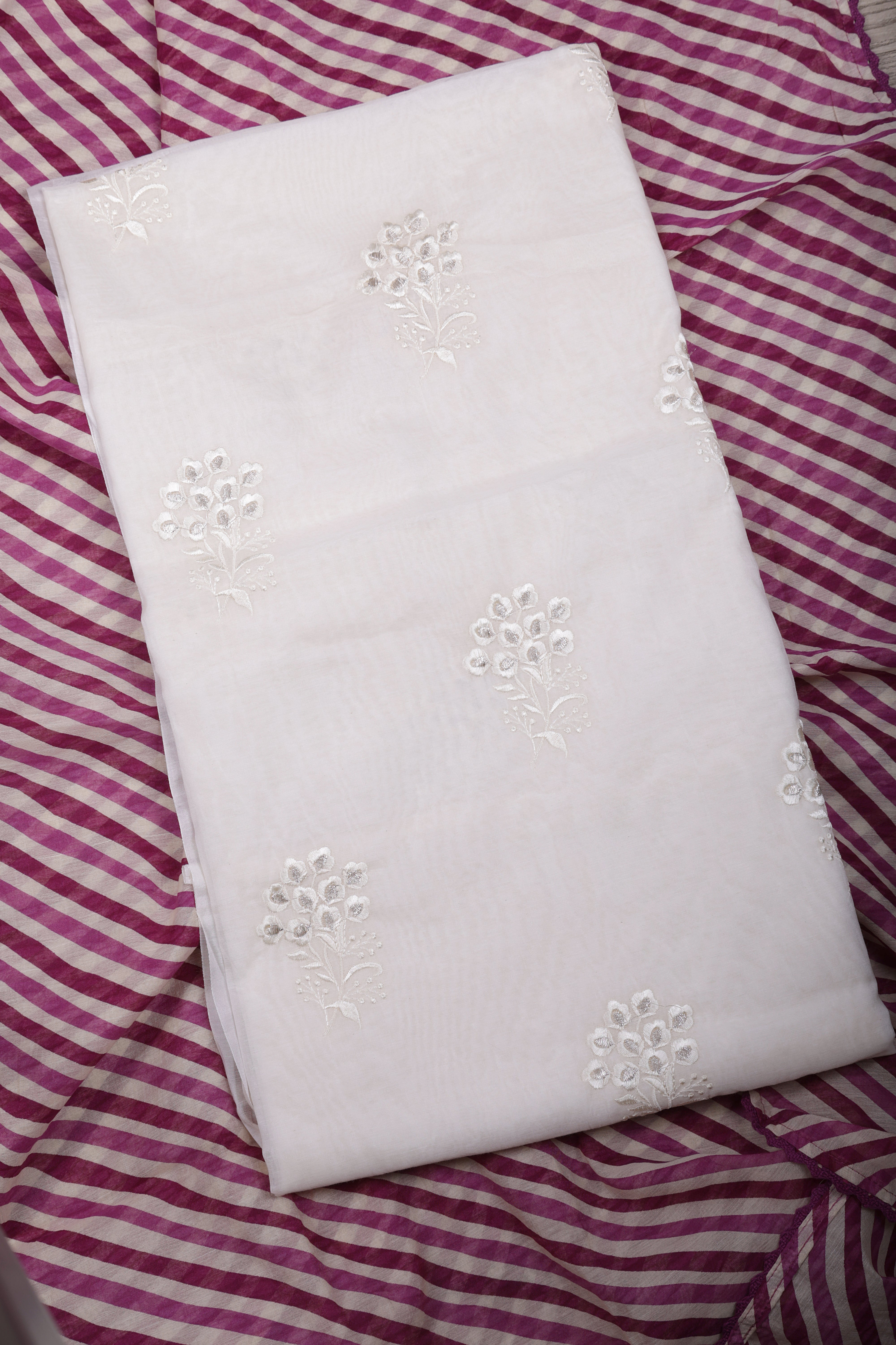 Ivory Mul Chanderi Suit Set with Berry Striped Dupatta