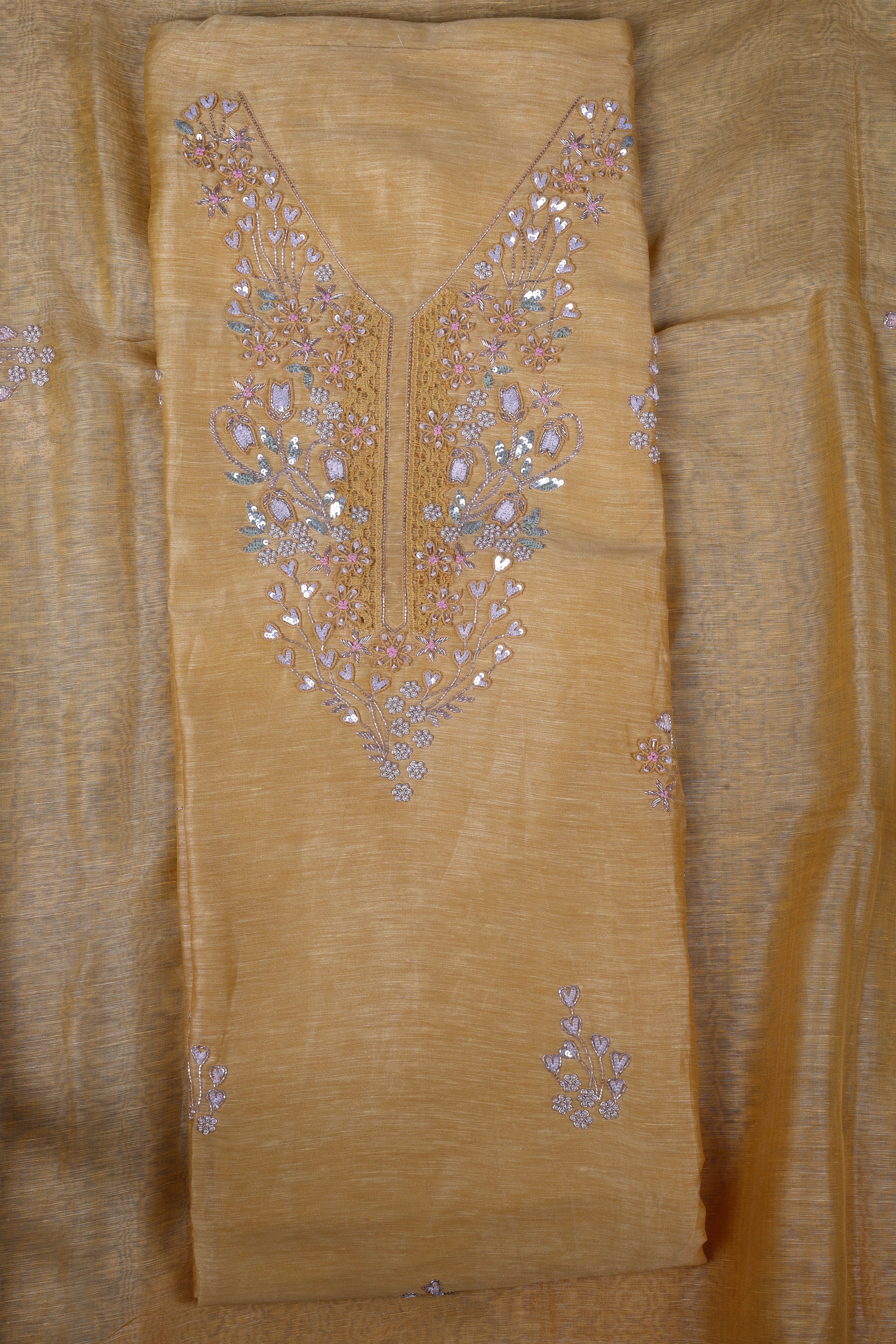 Luxury Mustard Linen Silk Suit Set with Pure Handcrafted Embroidery