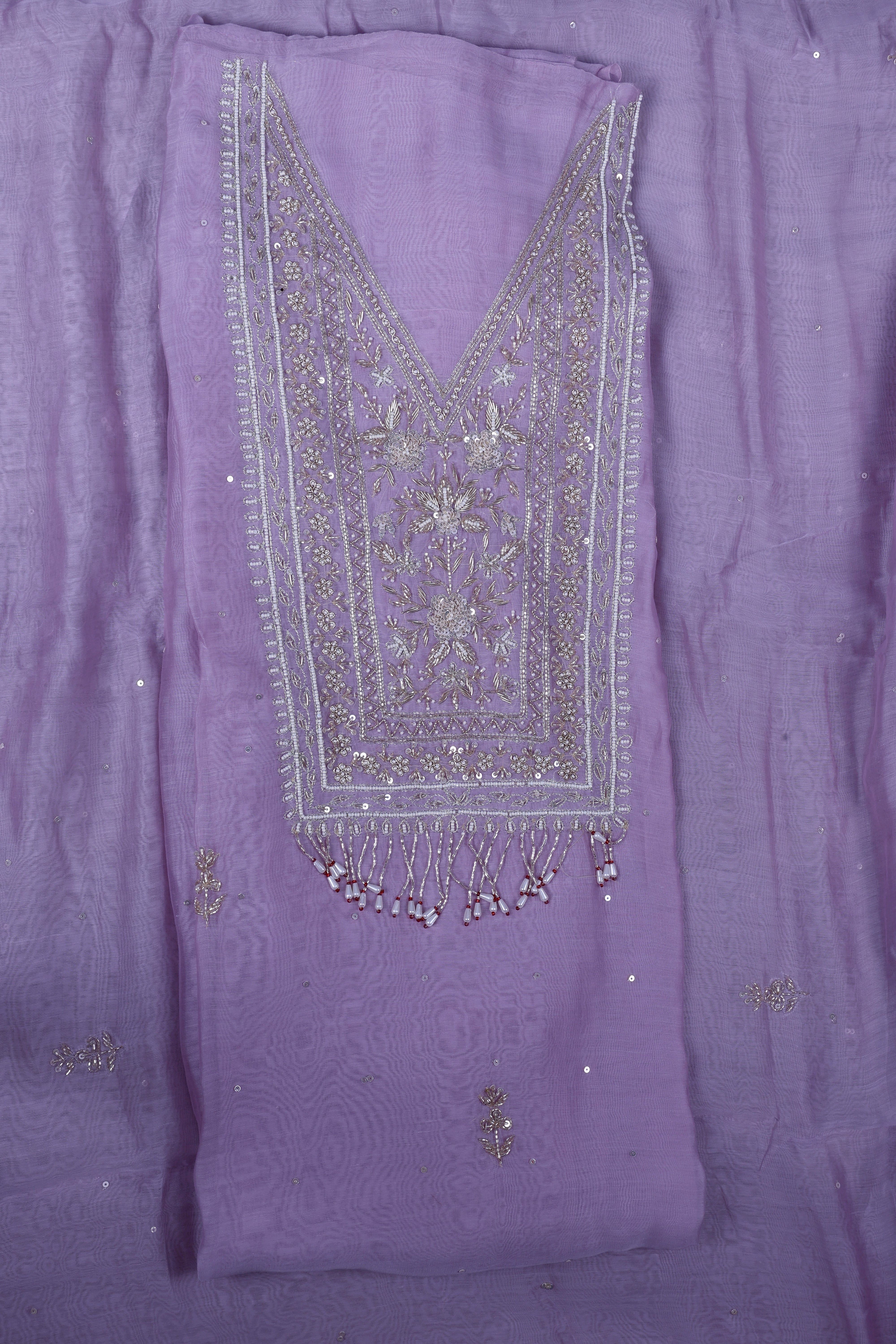 Lavender Chanderi Silk Suit Set with Pearl, Mirror & Zardozi Handwork