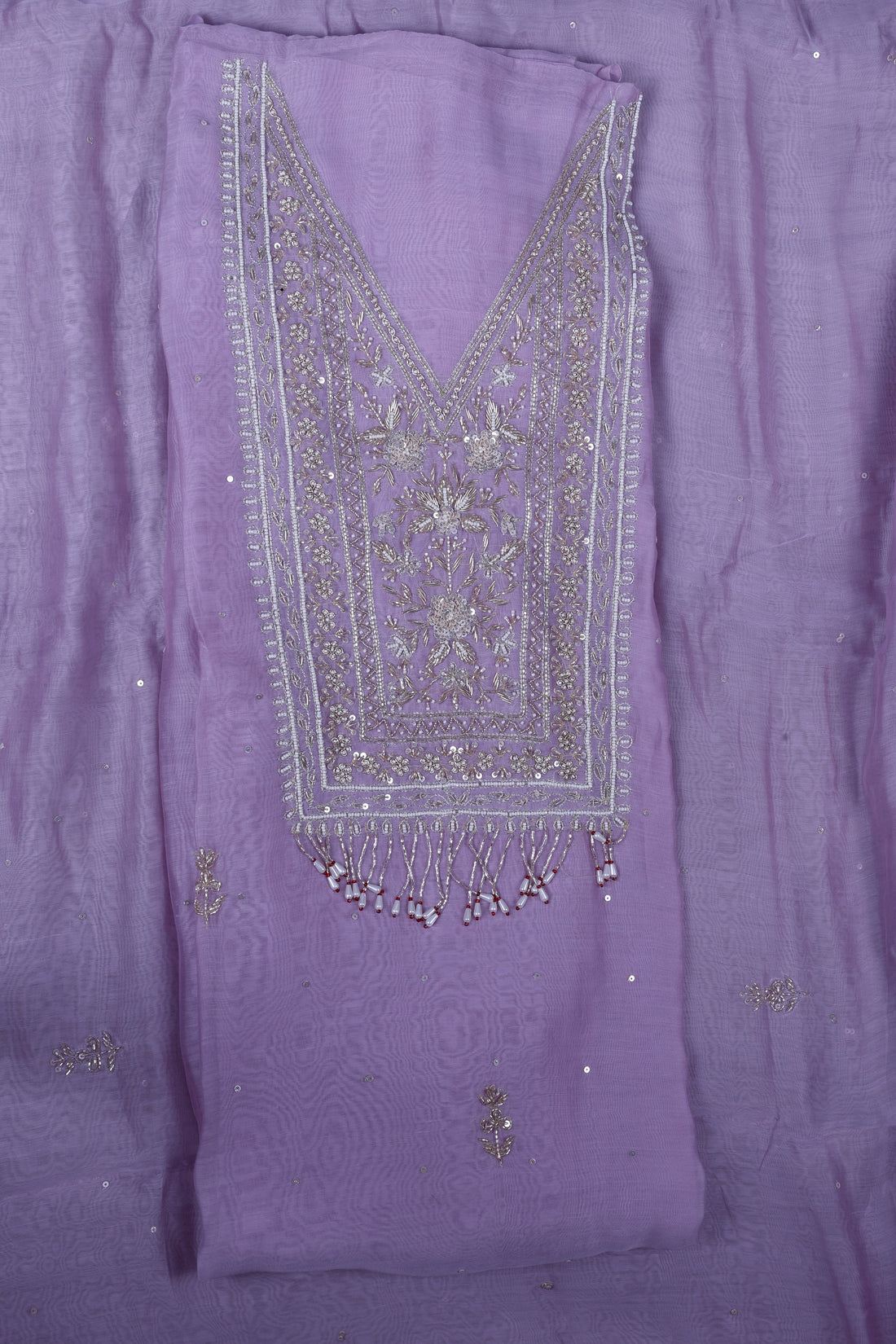 Lavender Chanderi Silk Suit Set with Pearl, Mirror & Zardozi Handwork