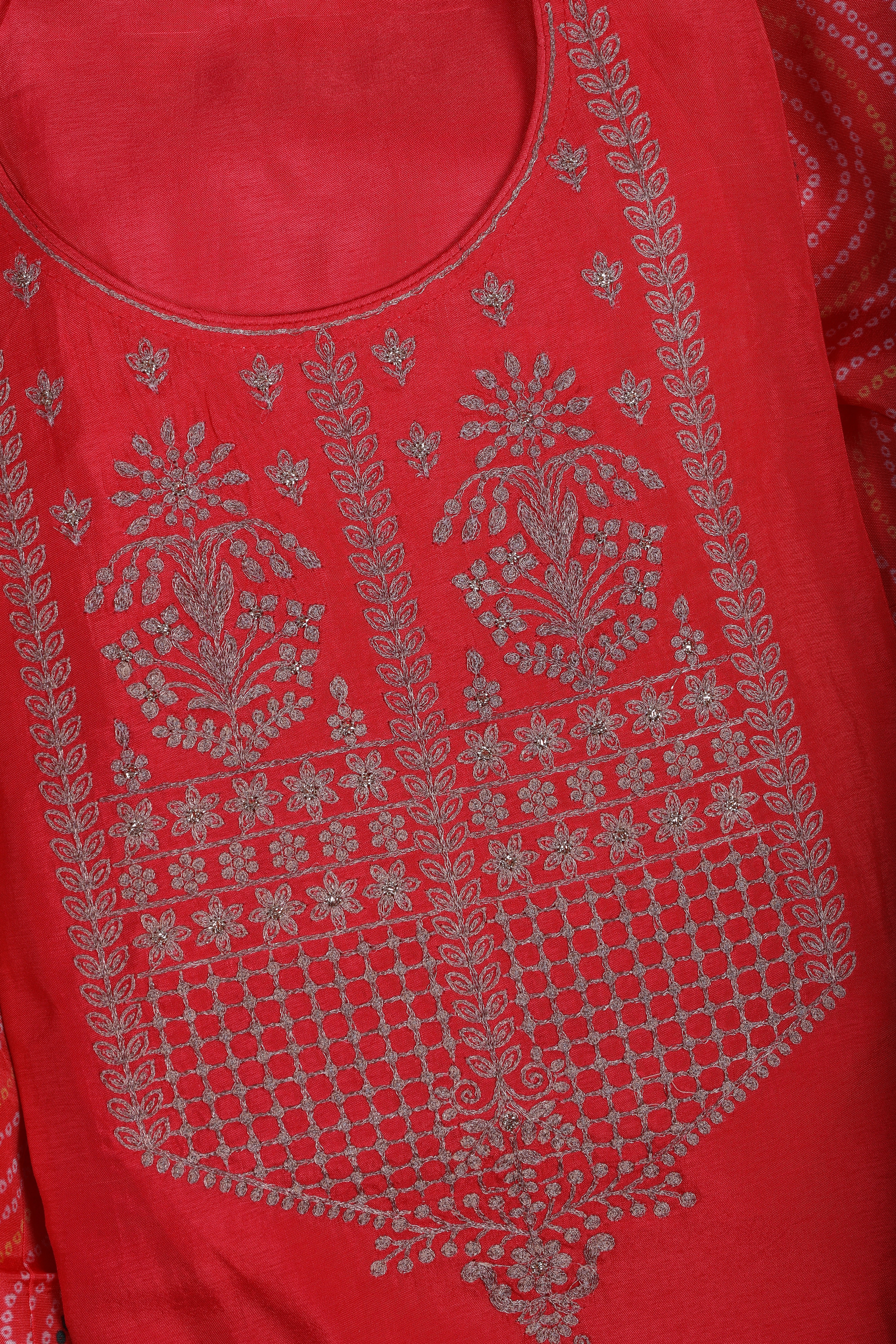 Coral Red Crepe Suit Set with Zari Work & Zari Border Dupatta