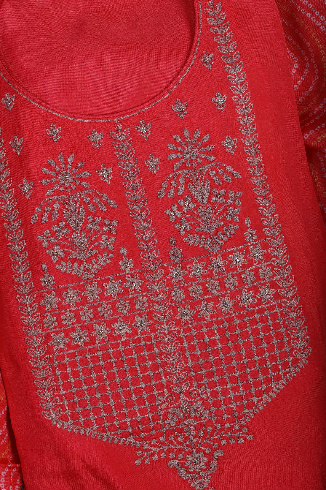 Coral Red Crepe Suit Set with Zari Work & Zari Border Dupatta