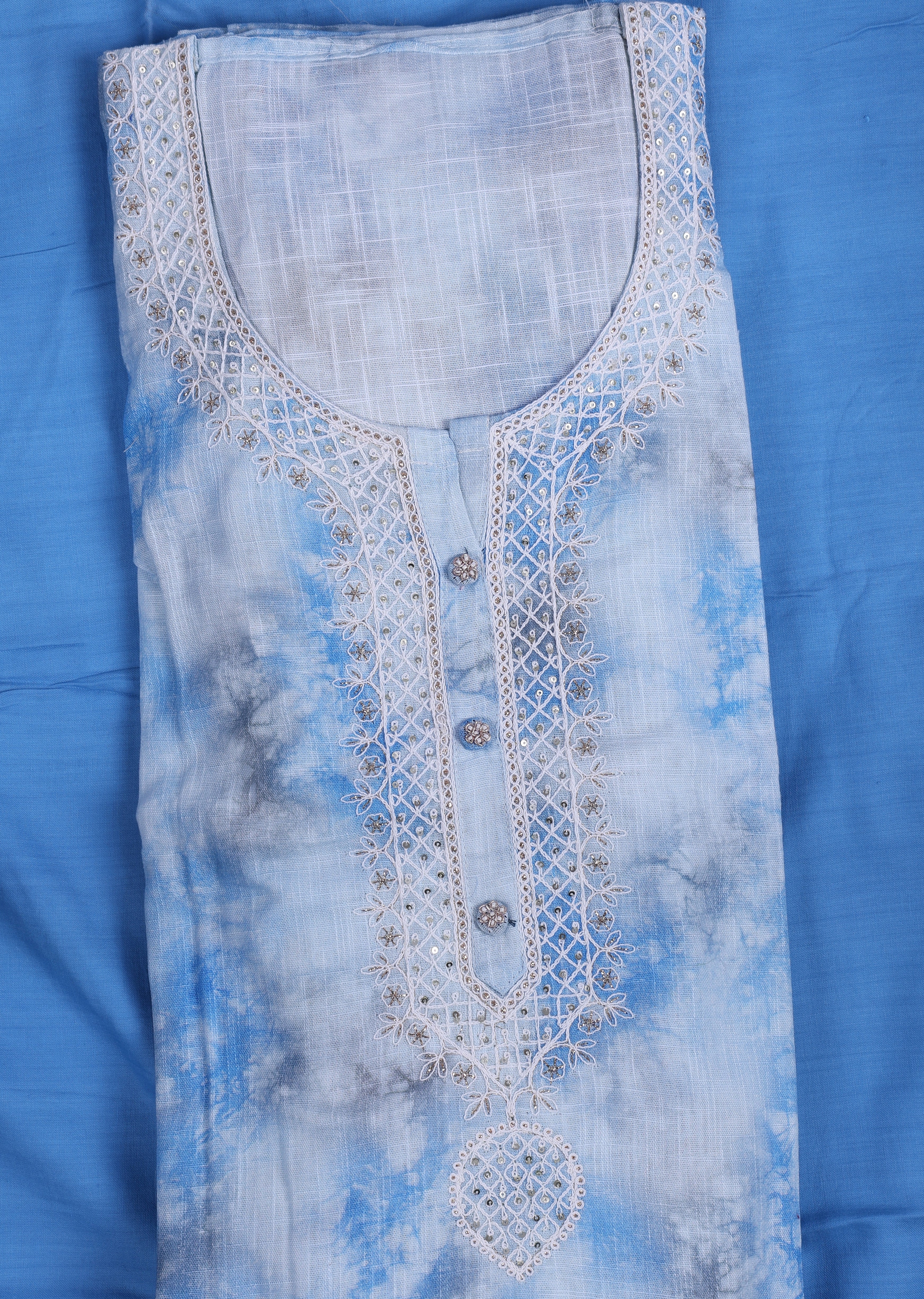 Sky Blue Linen Suit Set with Thread Embroidery & Organza Dupatta