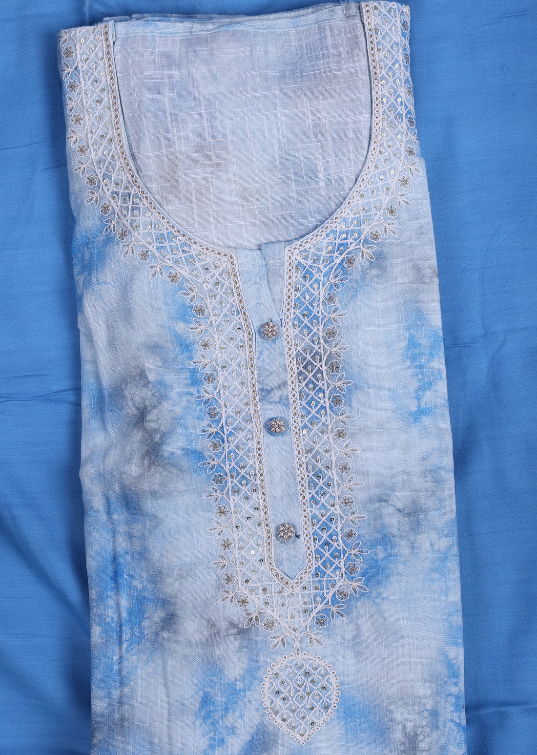 Sky Blue Linen Suit Set with Thread Embroidery & Organza Dupatta