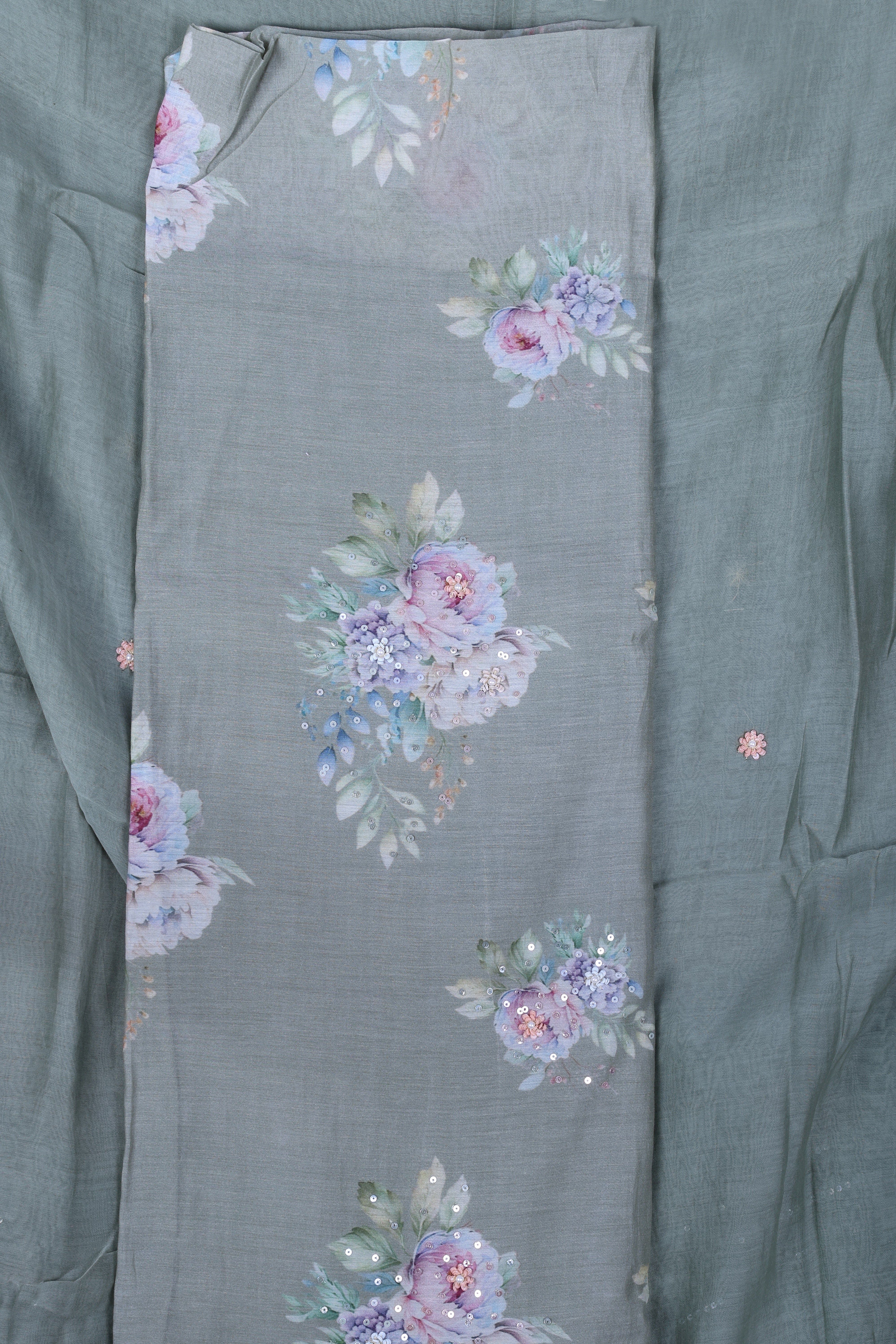 Elegant Dusty Sage Chanderi Silk Suit Set with Floral Prints & Sequin Work