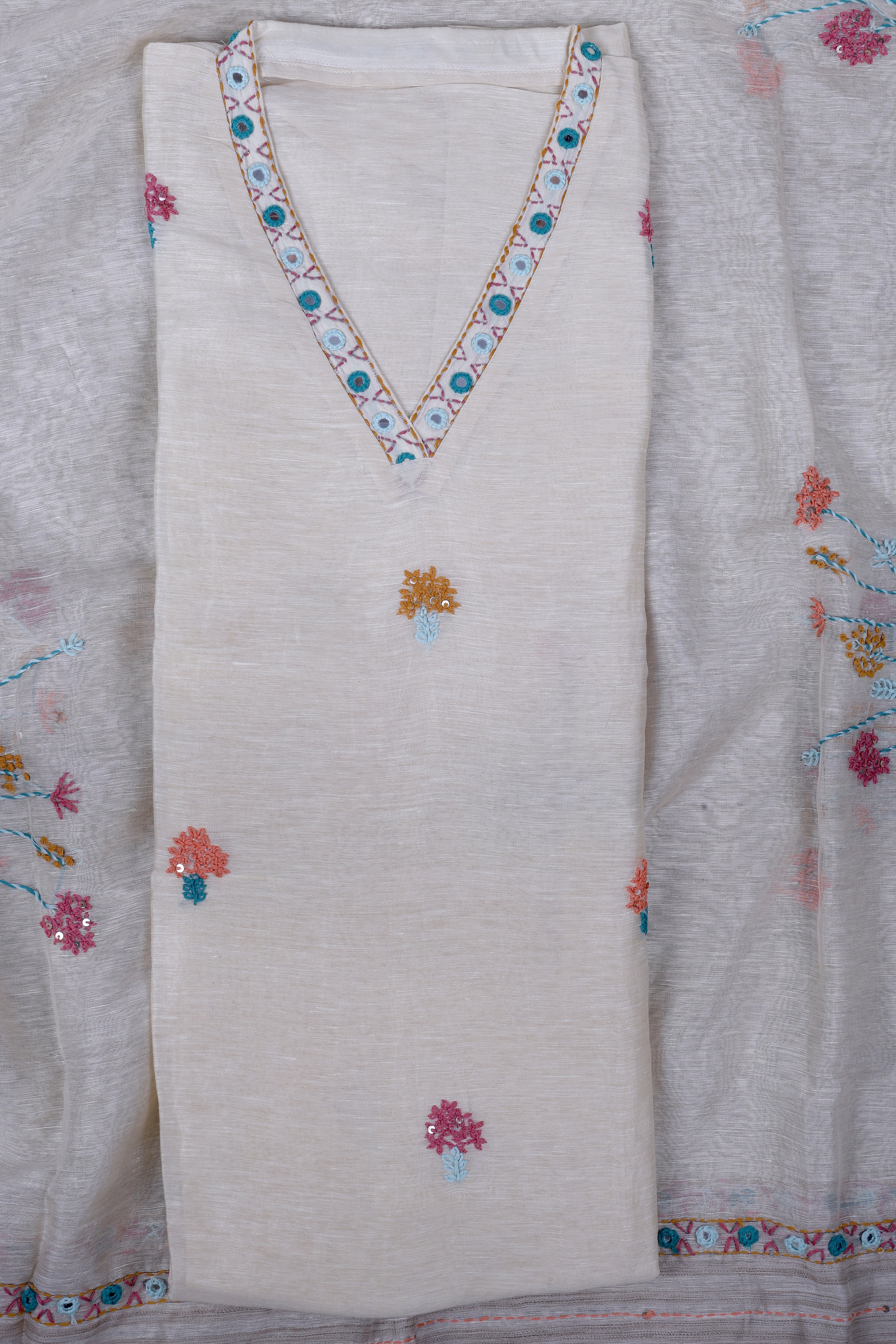 Ivory Linen Silk Suit Set with Thread & Mirror Work