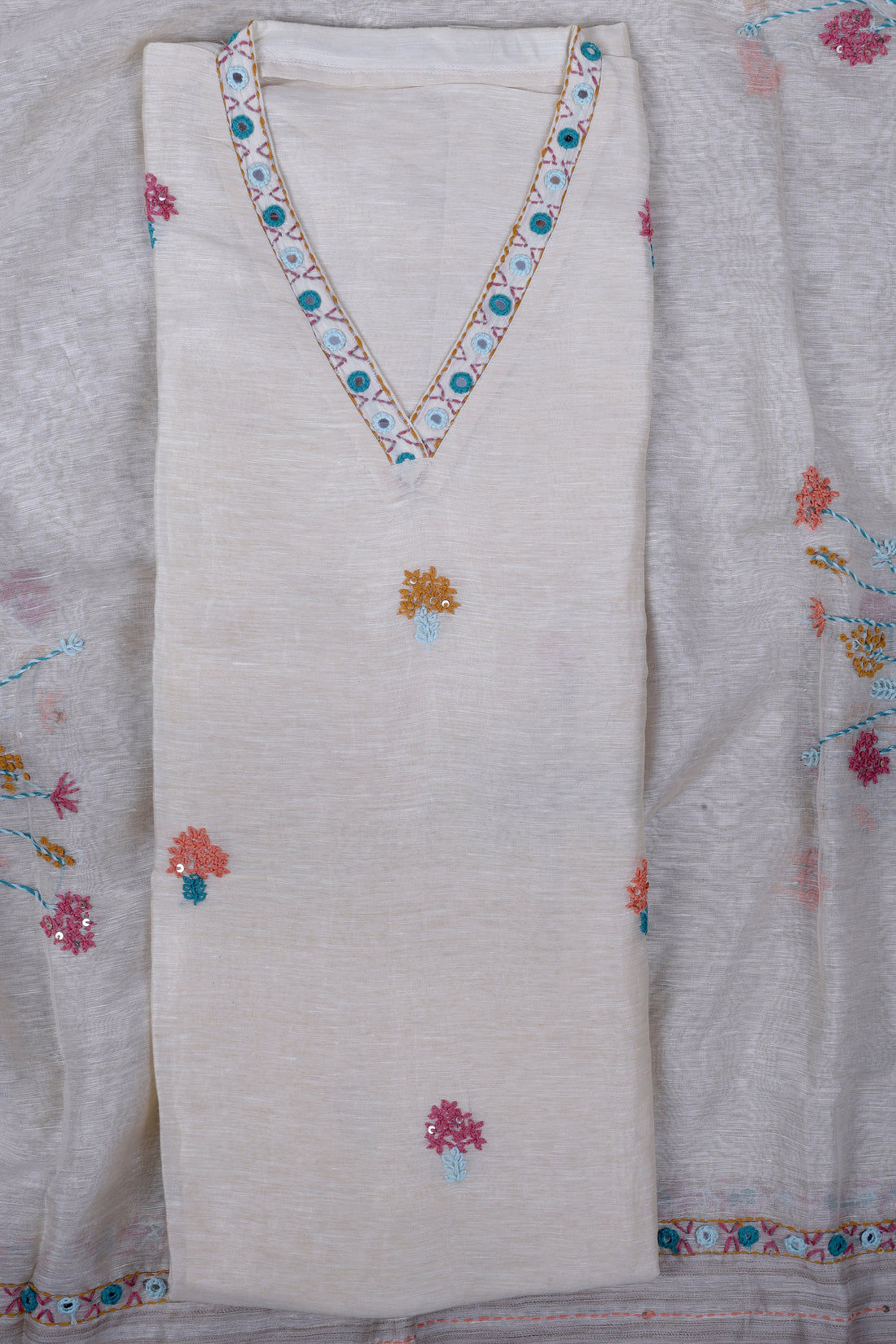 Ivory Linen Silk Suit Set with Thread & Mirror Work
