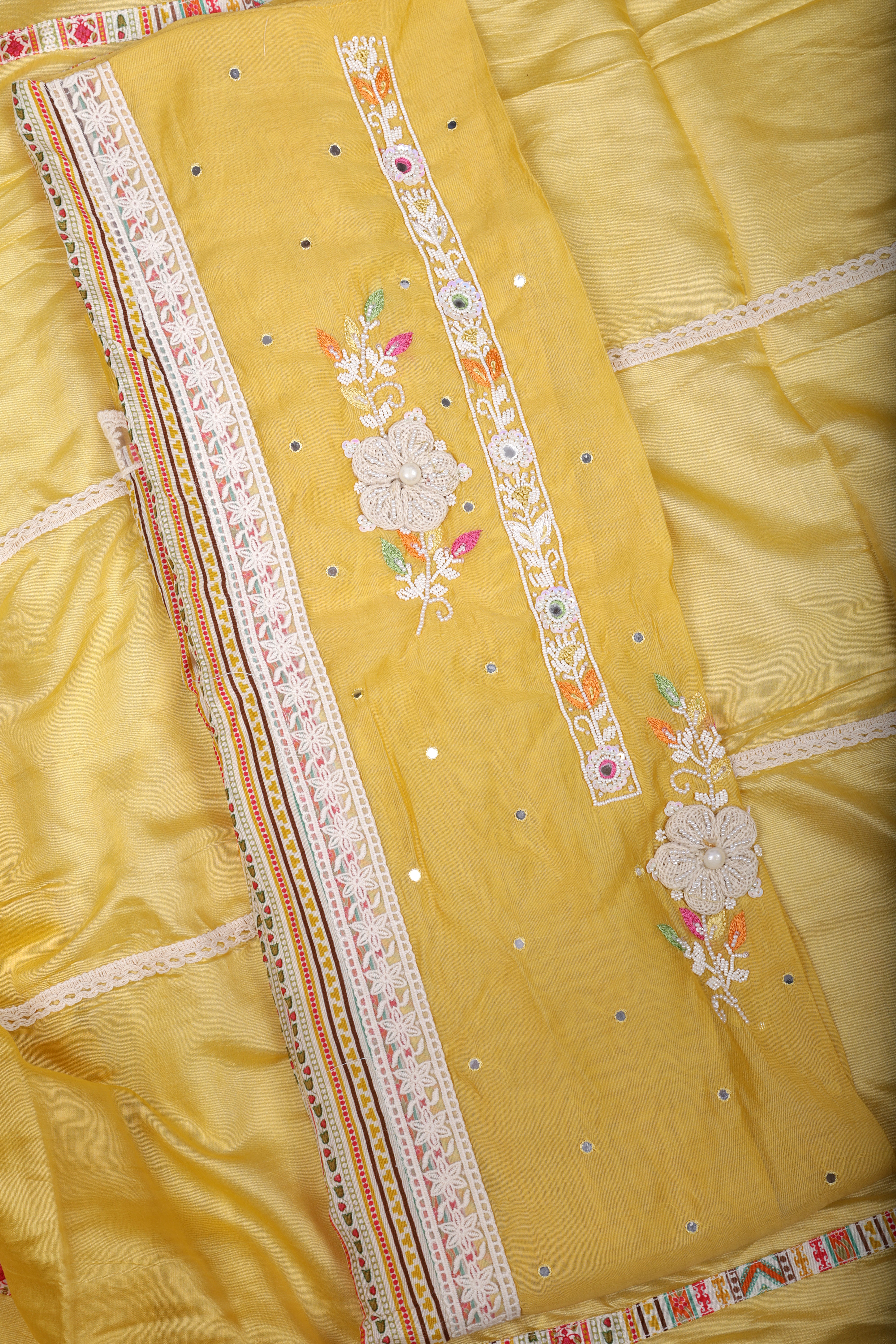 Sunshine Yellow Chanderi Silk Suit Set with Pearl & Mirror Handwork