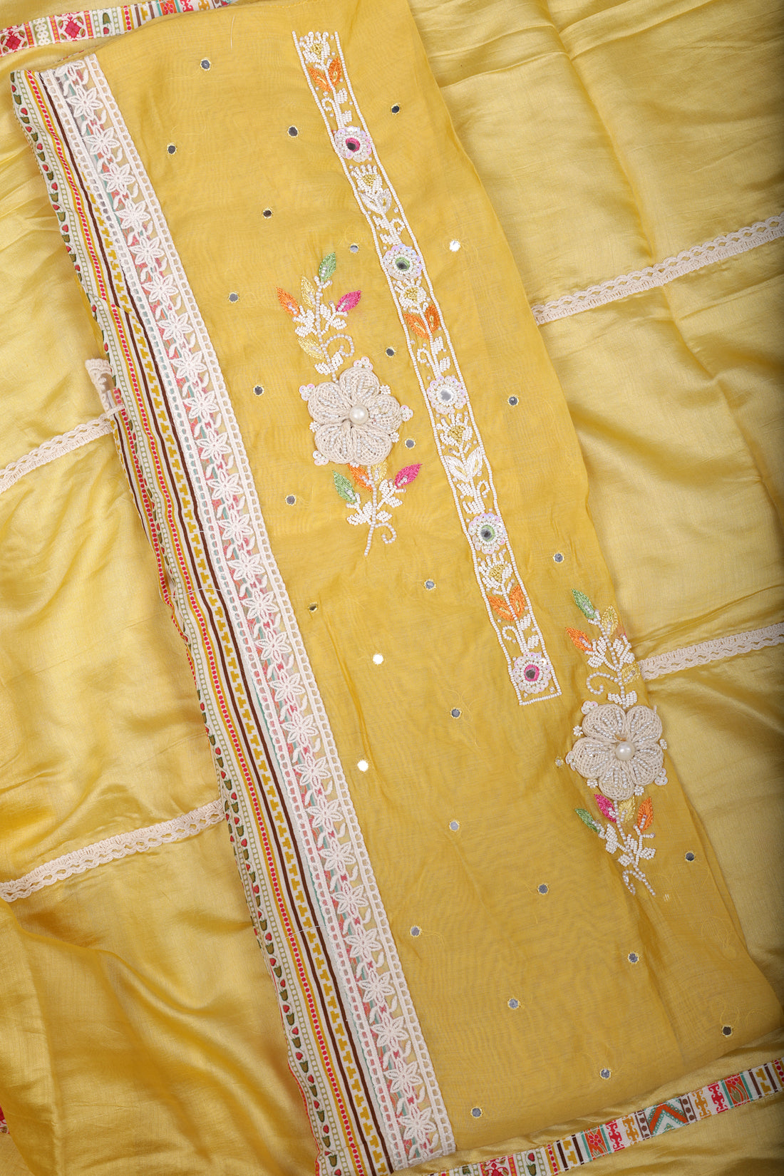 Sunshine Yellow Chanderi Silk Suit Set with Pearl & Mirror Handwork
