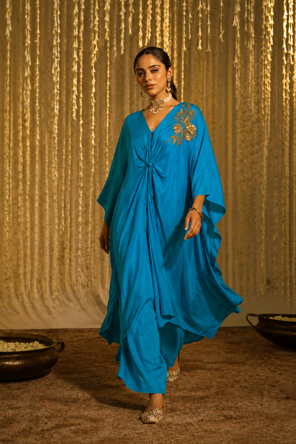 Turquoise Satin Embroidered Kaftan Set