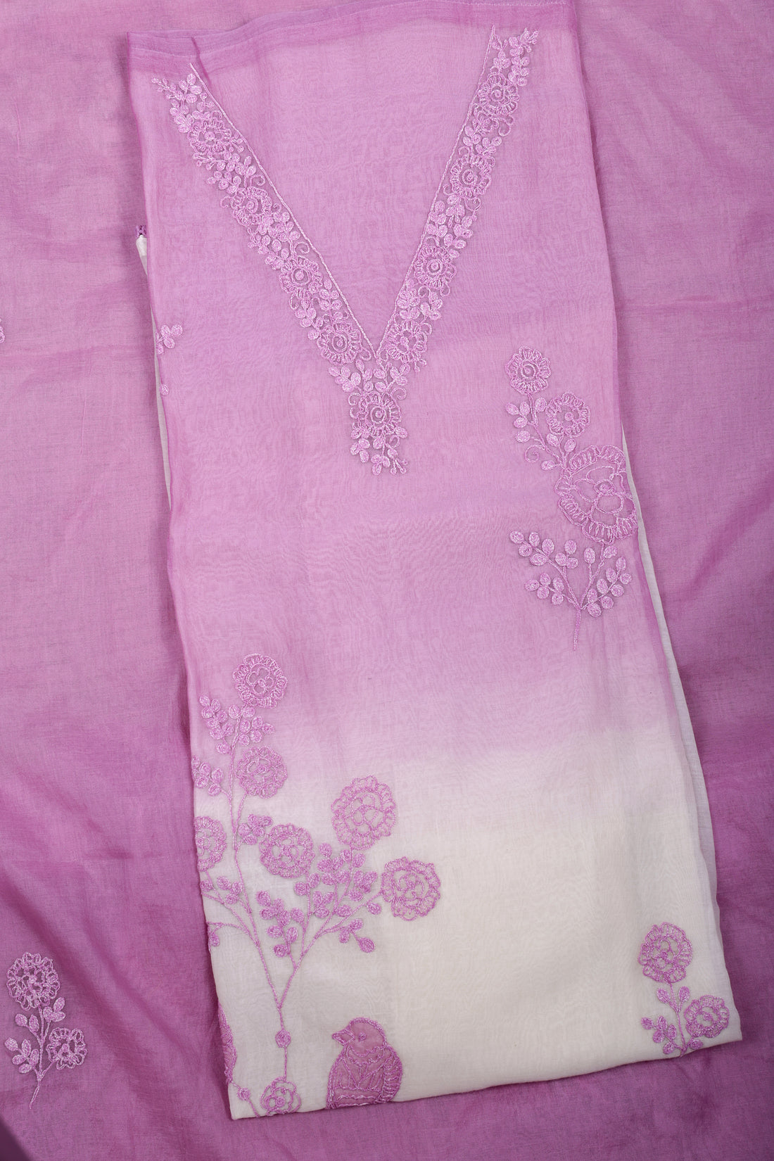 Pink Ombre Chanderi Suit Set with Delicate Thread Embroidery