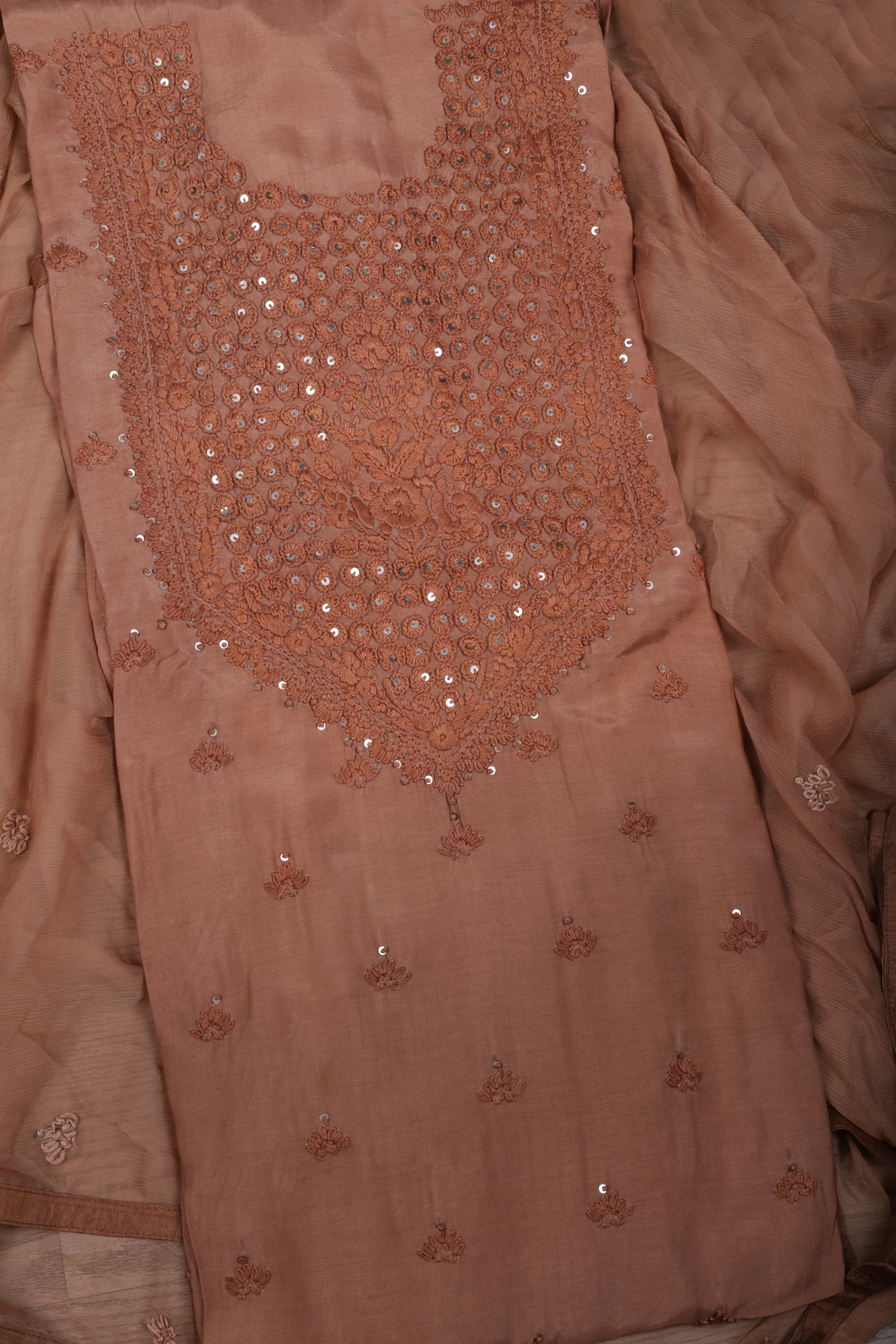 Elegant Mocha Brown Mul Suit Set with Lucknowi Thread Work