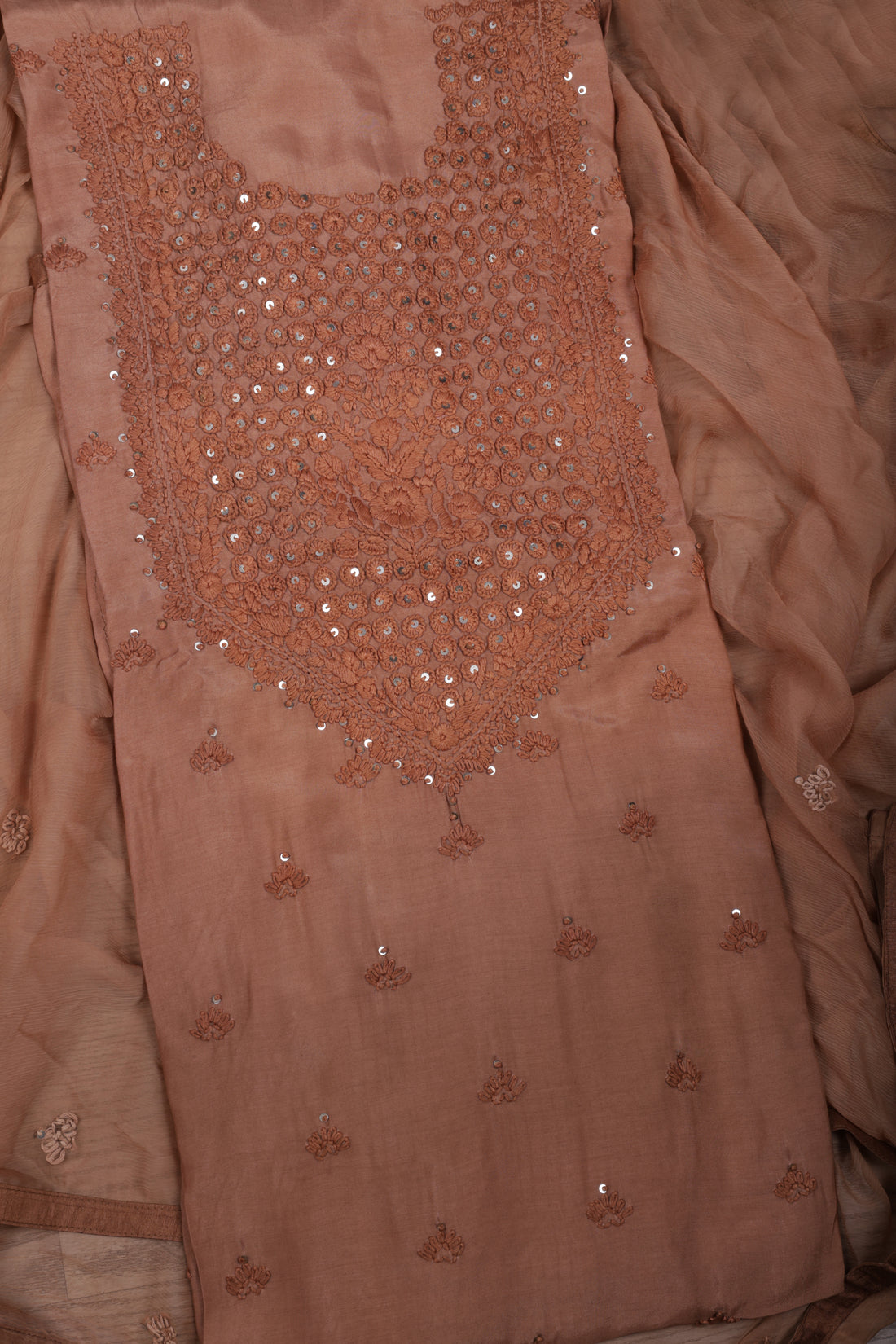 Elegant Mocha Brown Mul Suit Set with Lucknowi Thread Work