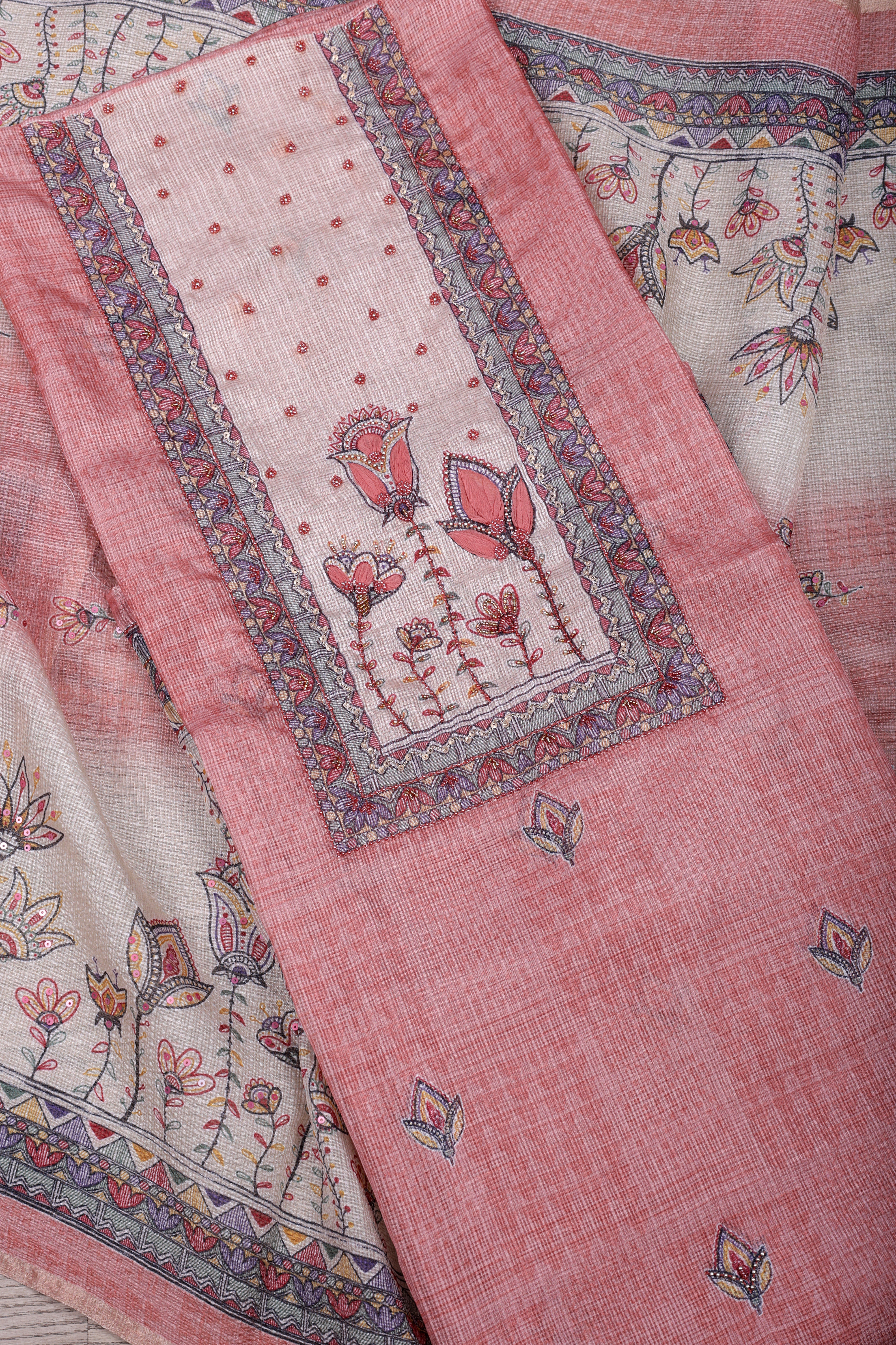 Peach Kota Silk Suit Set with Pearlwork & Kalamkari Dupatta