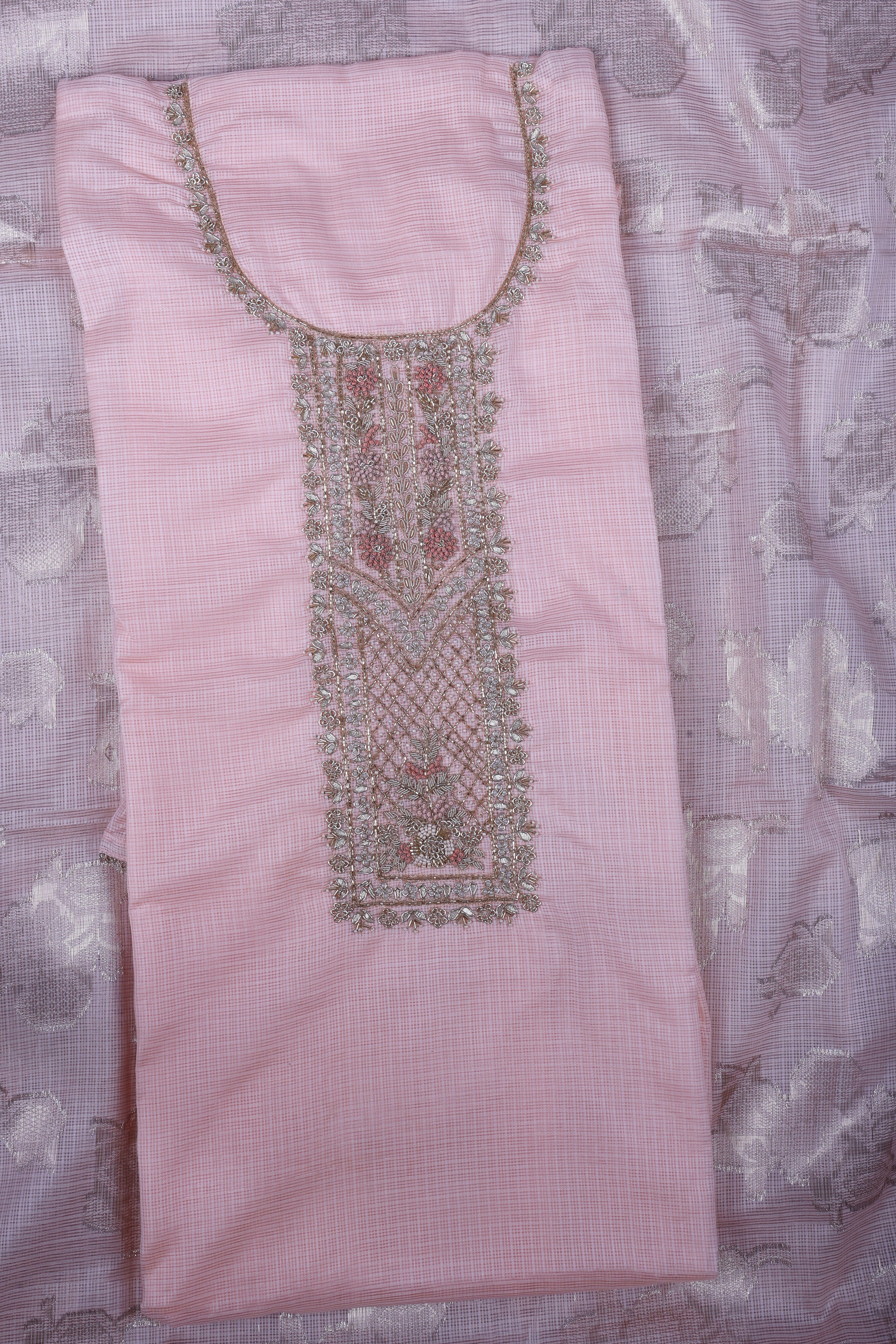 Blush Peach Kota Silk Suit Set with Zardozi Handwork