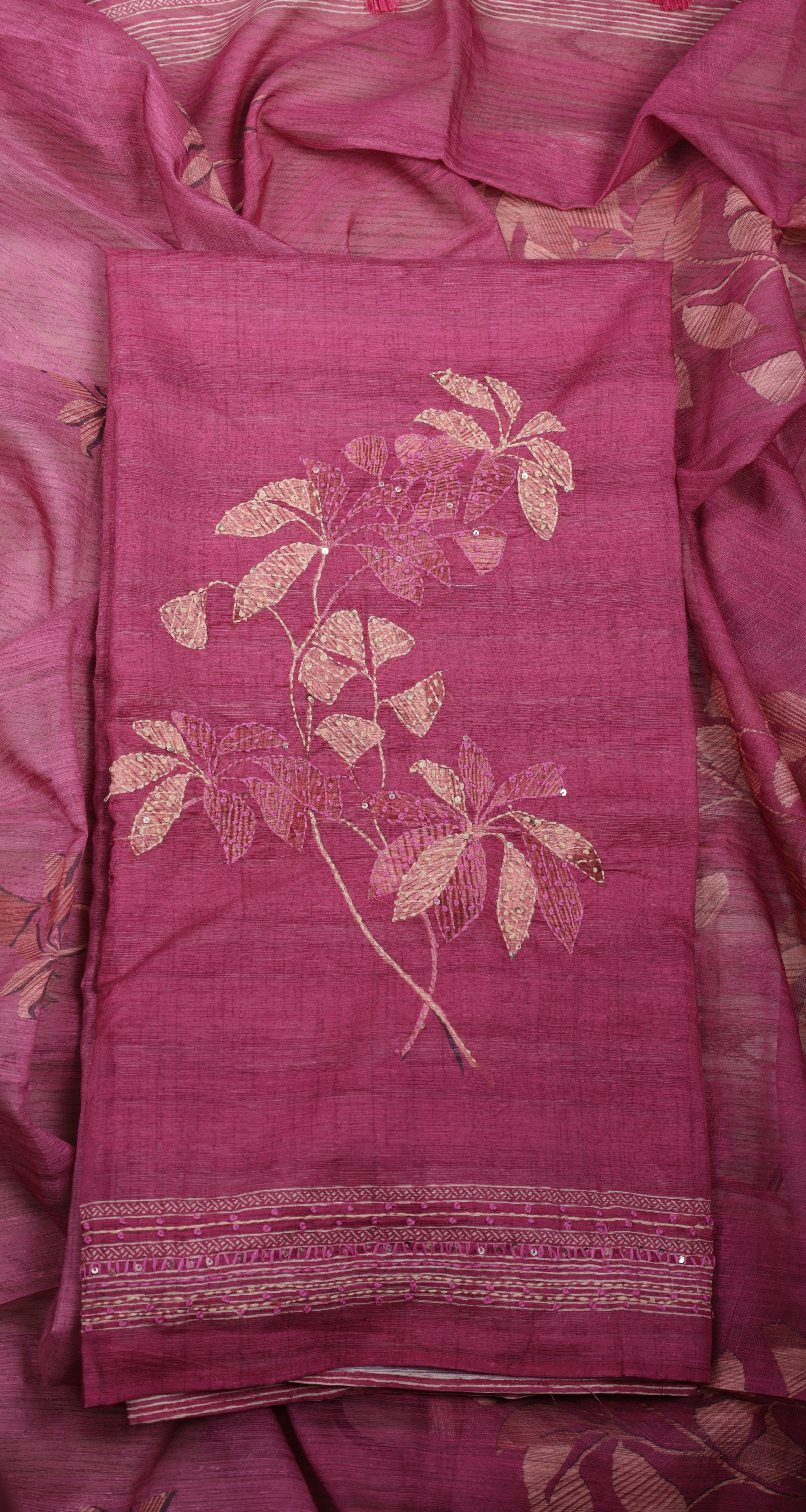 Wine Floral Linen Silk Suit Set