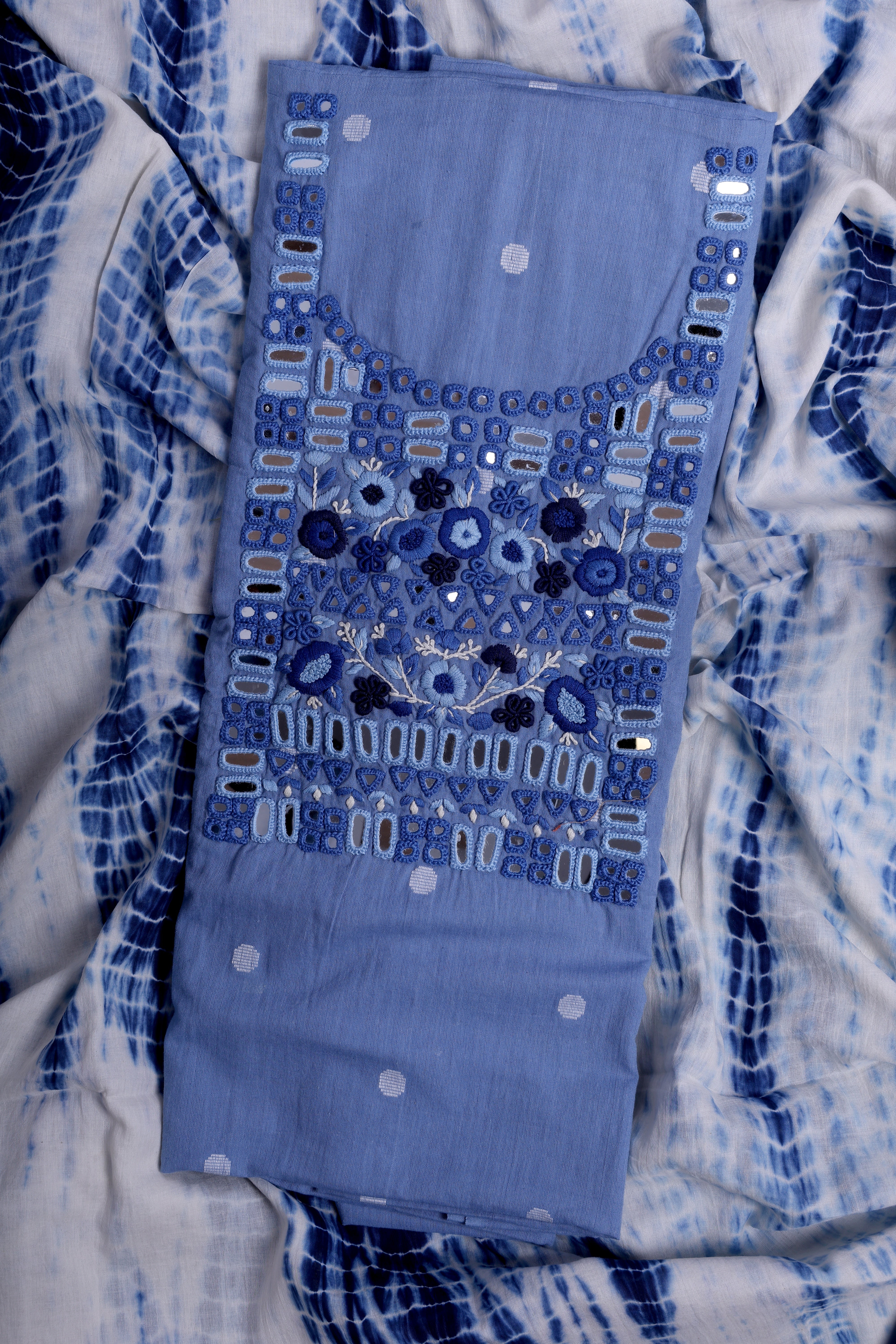 Sky Blue Linen Cotton Suit Set with Hand Thread Embroidery & Mirror Work