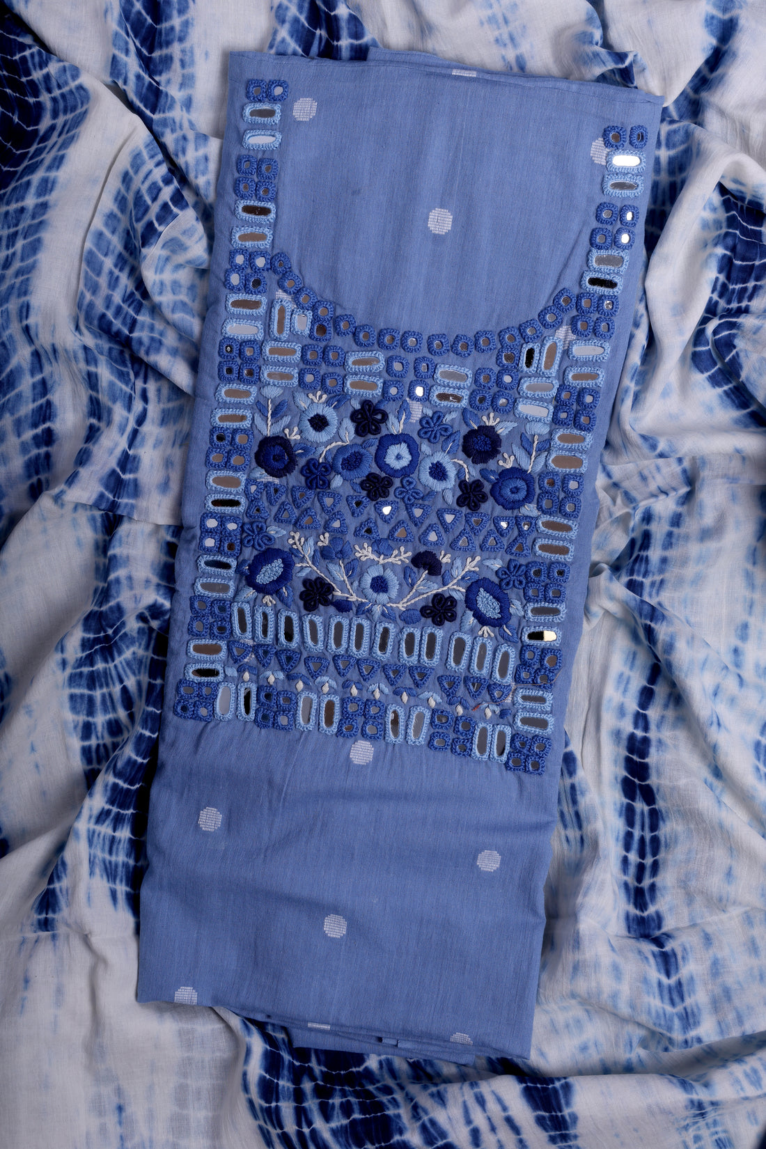 Sky Blue Linen Cotton Suit Set with Hand Thread Embroidery & Mirror Work