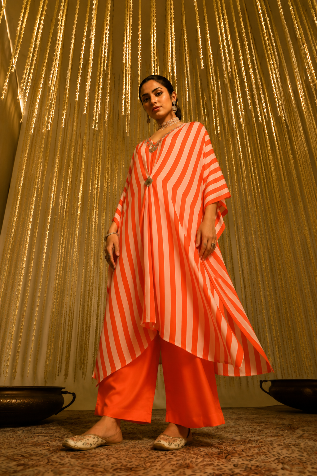 Coral Stripe Statement Kaftan Set