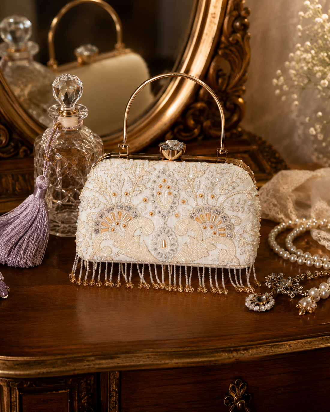 White Pearl Embellished Clutch