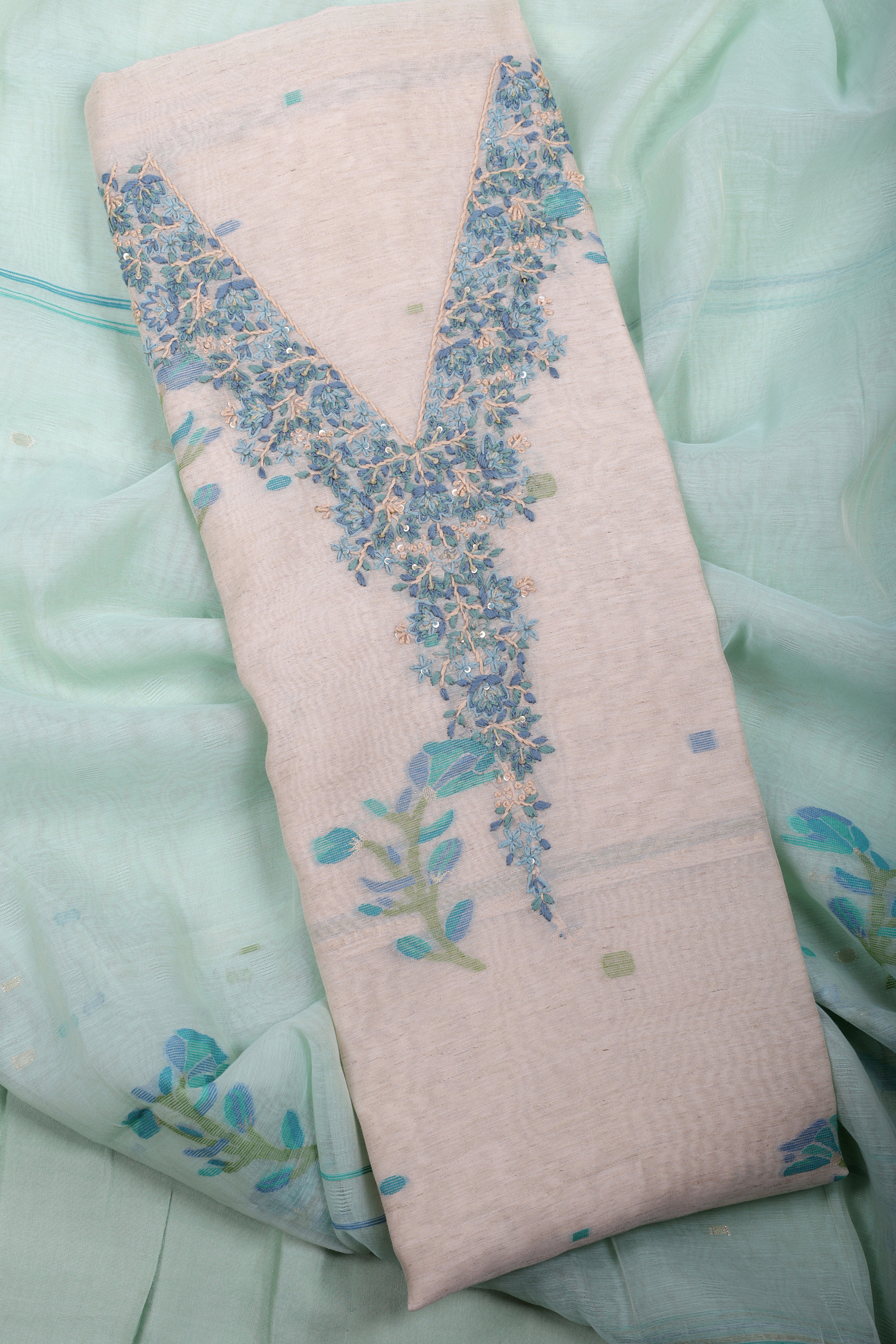 Pastel Mint Linen Suit Set with Hand Embroidery Katha Work
