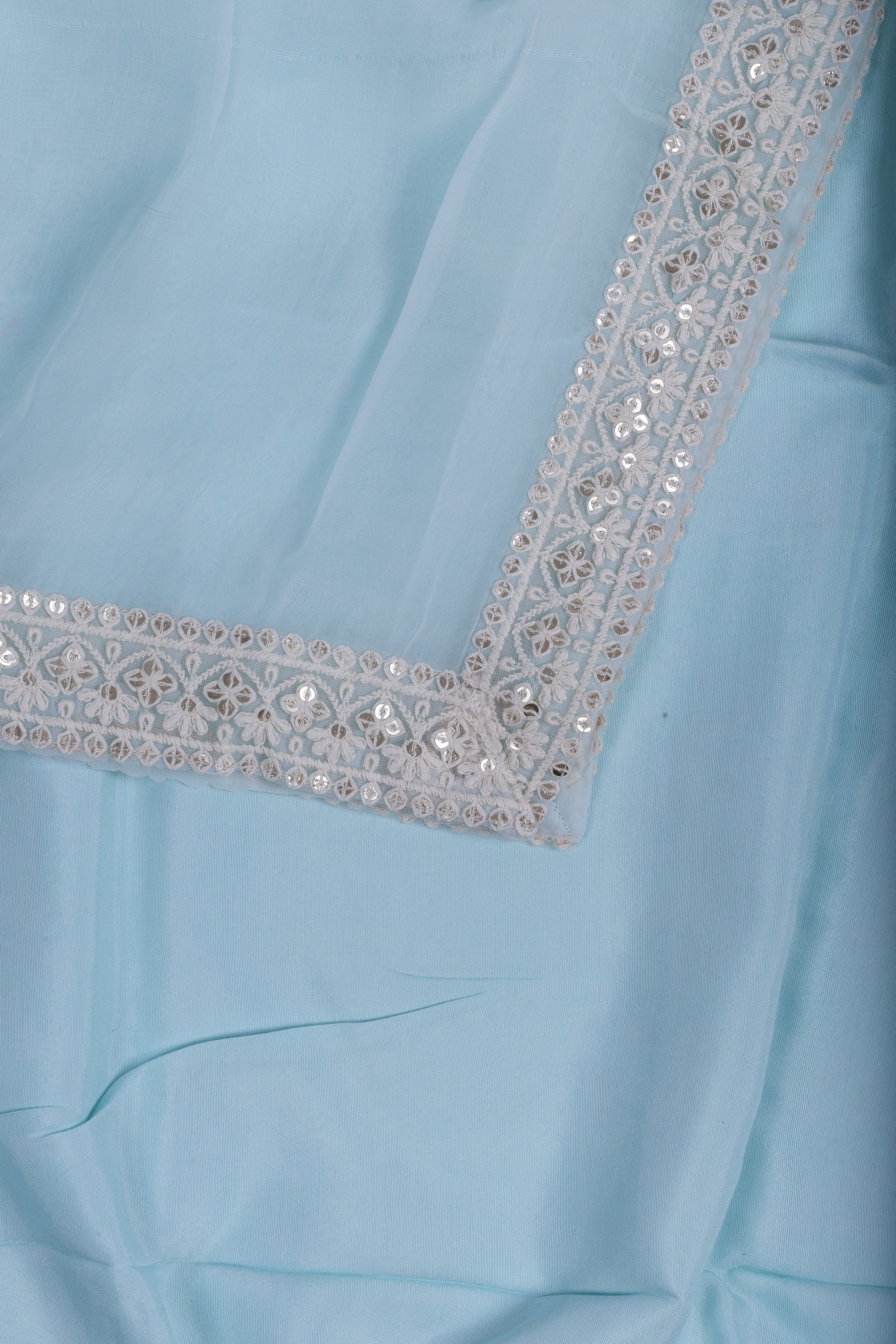 Powder Blue Linen Suit Set with Floral Print & Organza Dupatta