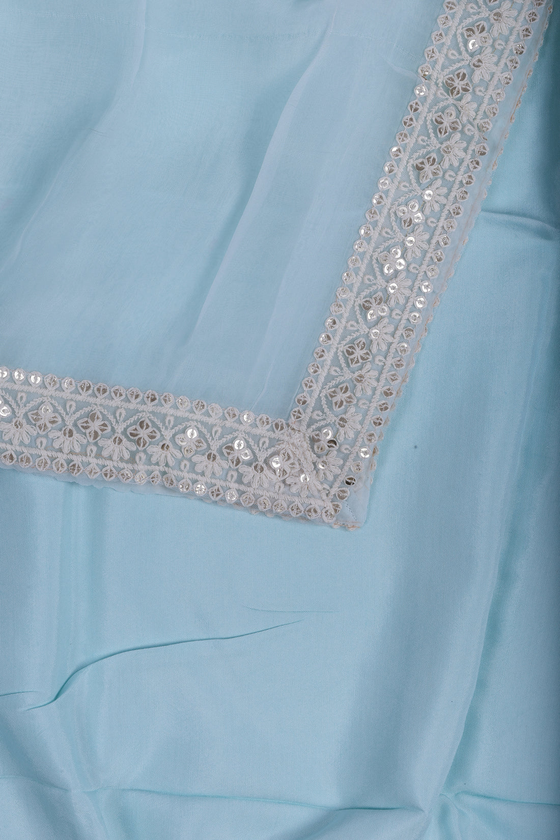 Powder Blue Linen Suit Set with Floral Print & Organza Dupatta