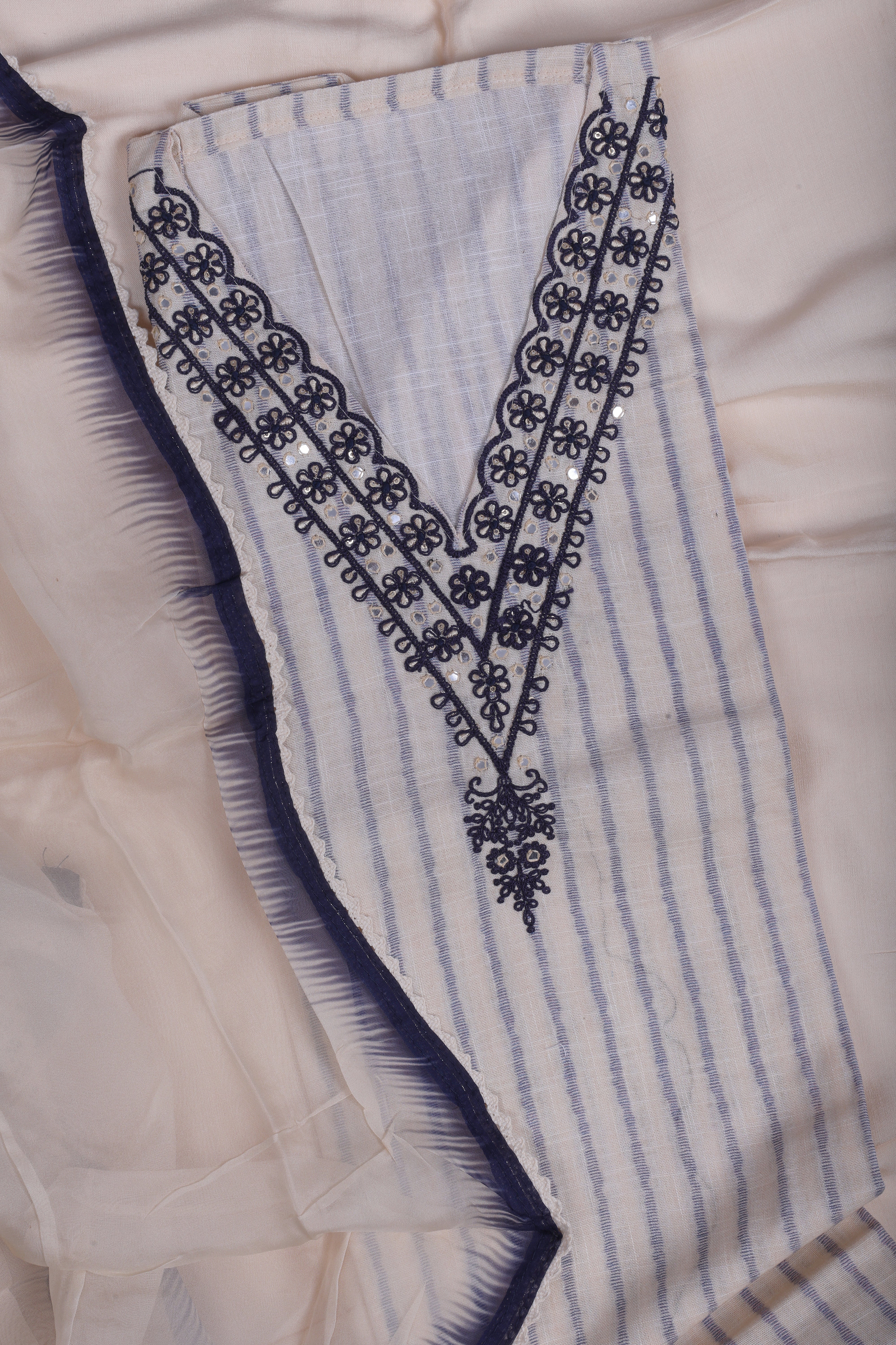 Elegant Ivory Linen Suit Set with Thread & Mirror Work