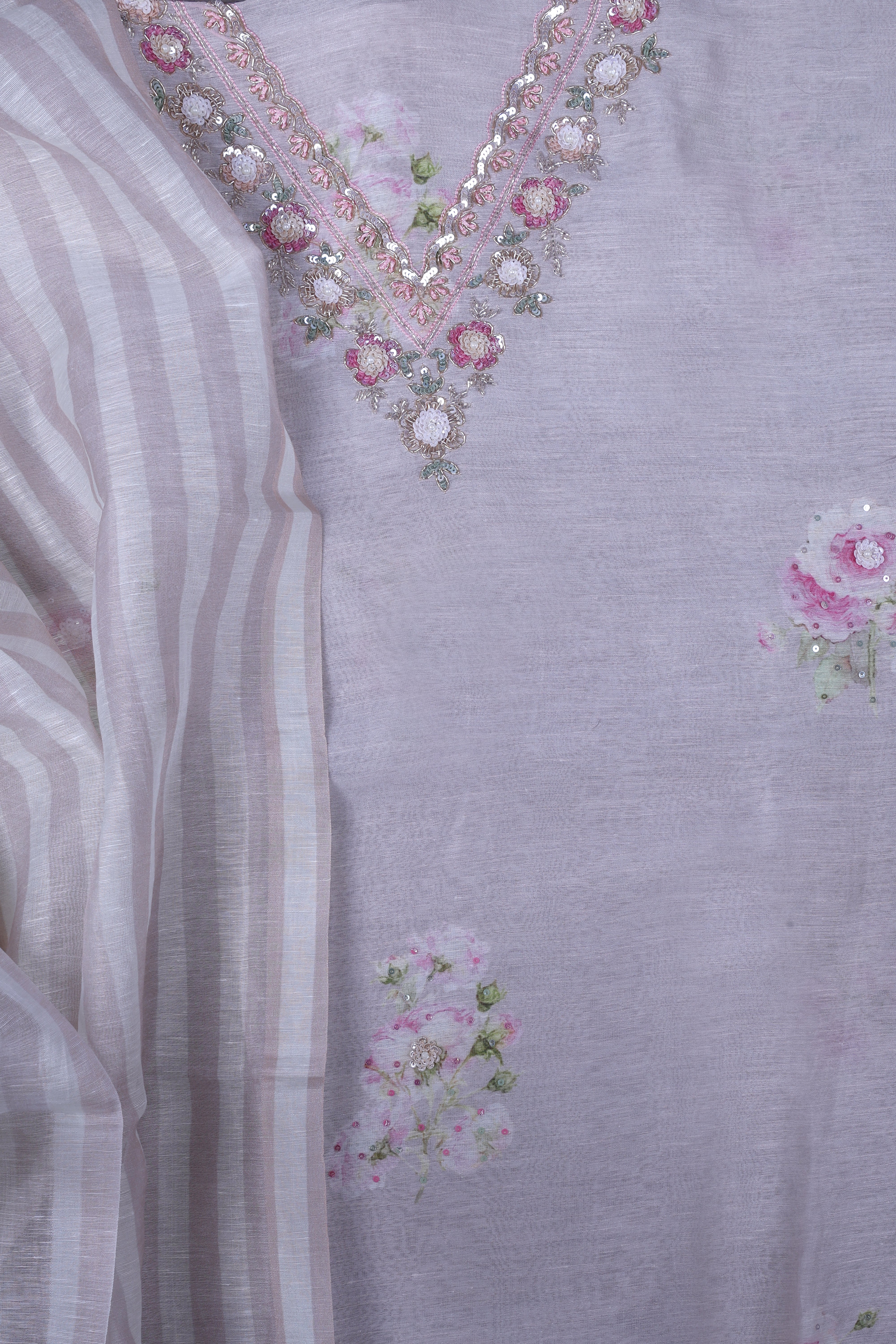 Blush Ivory Linen Silk Suit Set with Pearl & Sequin Handwork