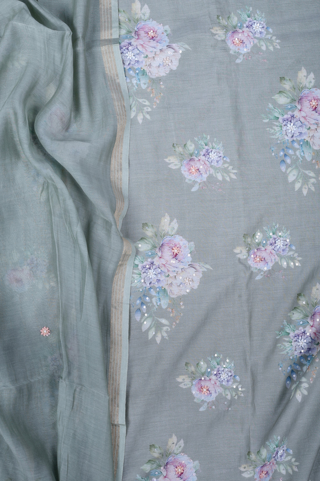 Elegant Dusty Sage Chanderi Silk Suit Set with Floral Prints & Sequin Work