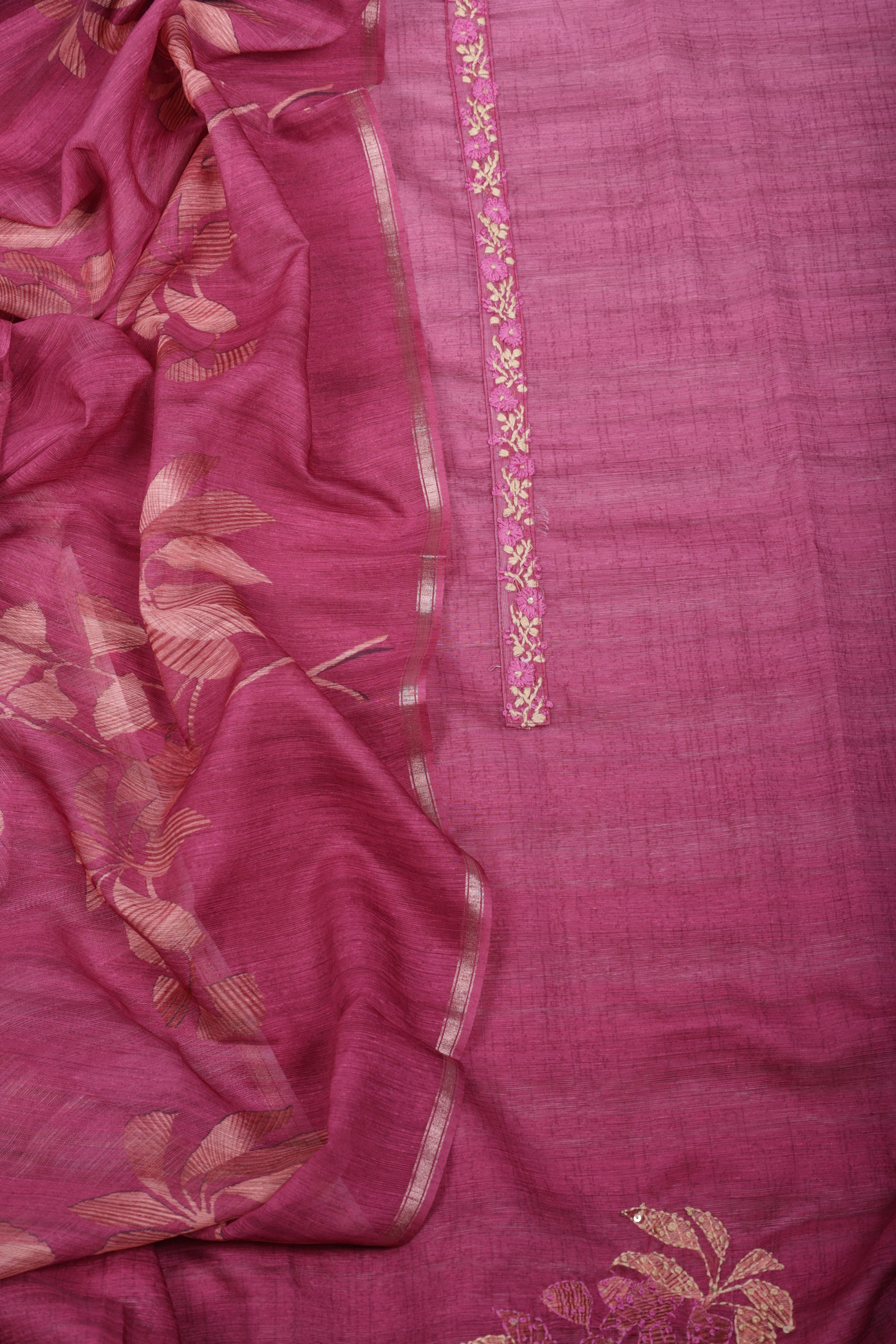 Wine Floral Linen Silk Suit Set