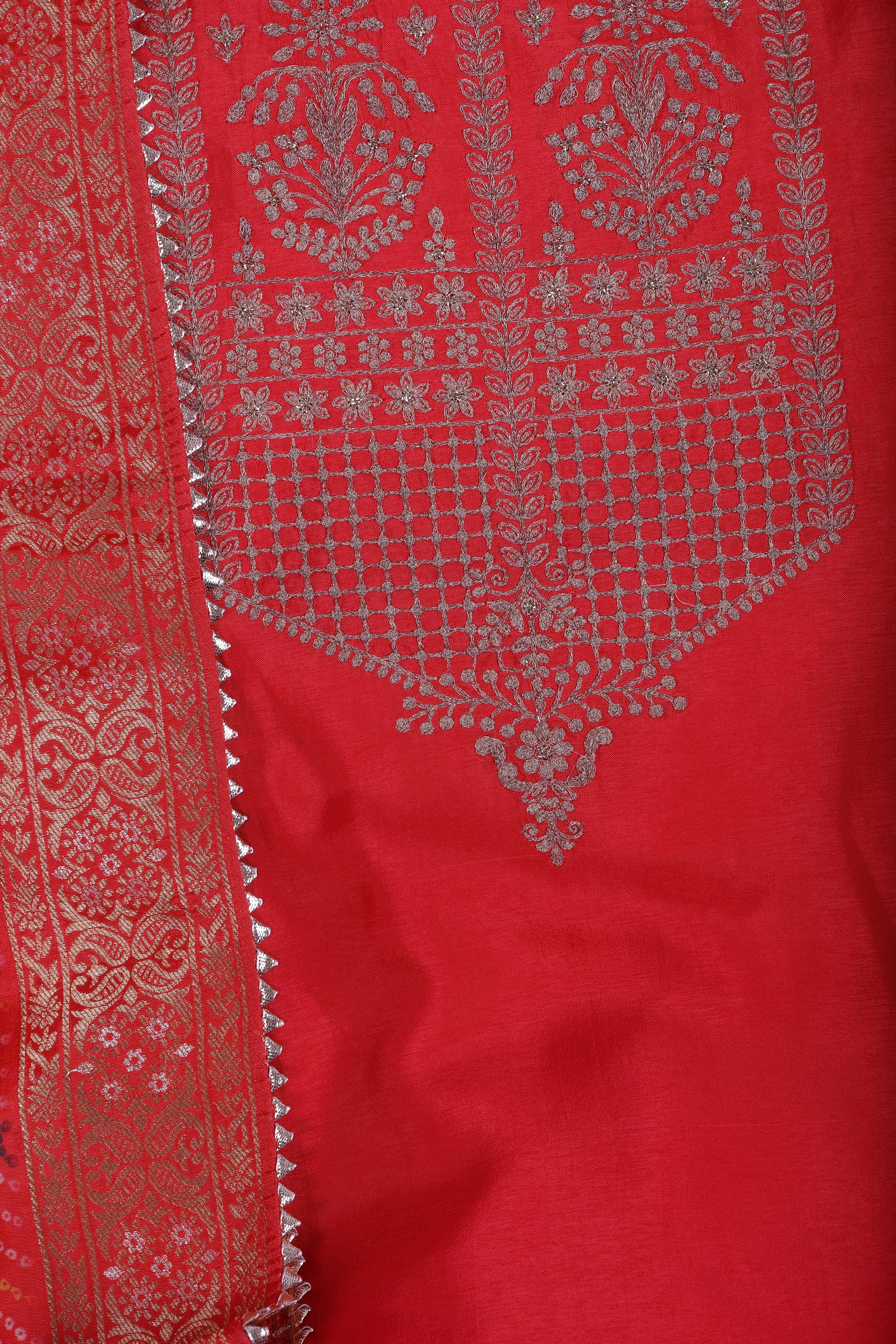 Coral Red Crepe Suit Set with Zari Work & Zari Border Dupatta