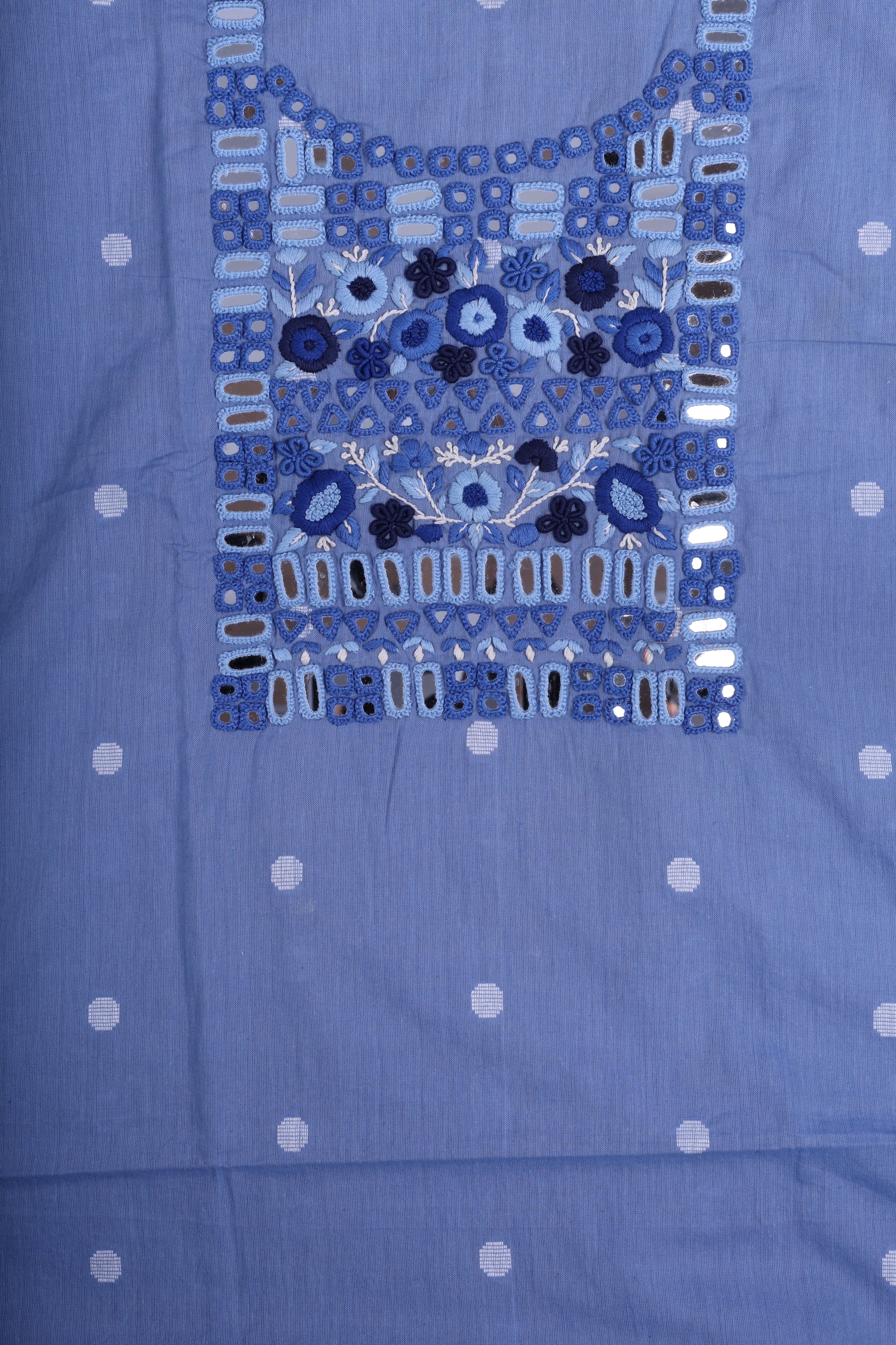 Sky Blue Linen Cotton Suit Set with Hand Thread Embroidery & Mirror Work