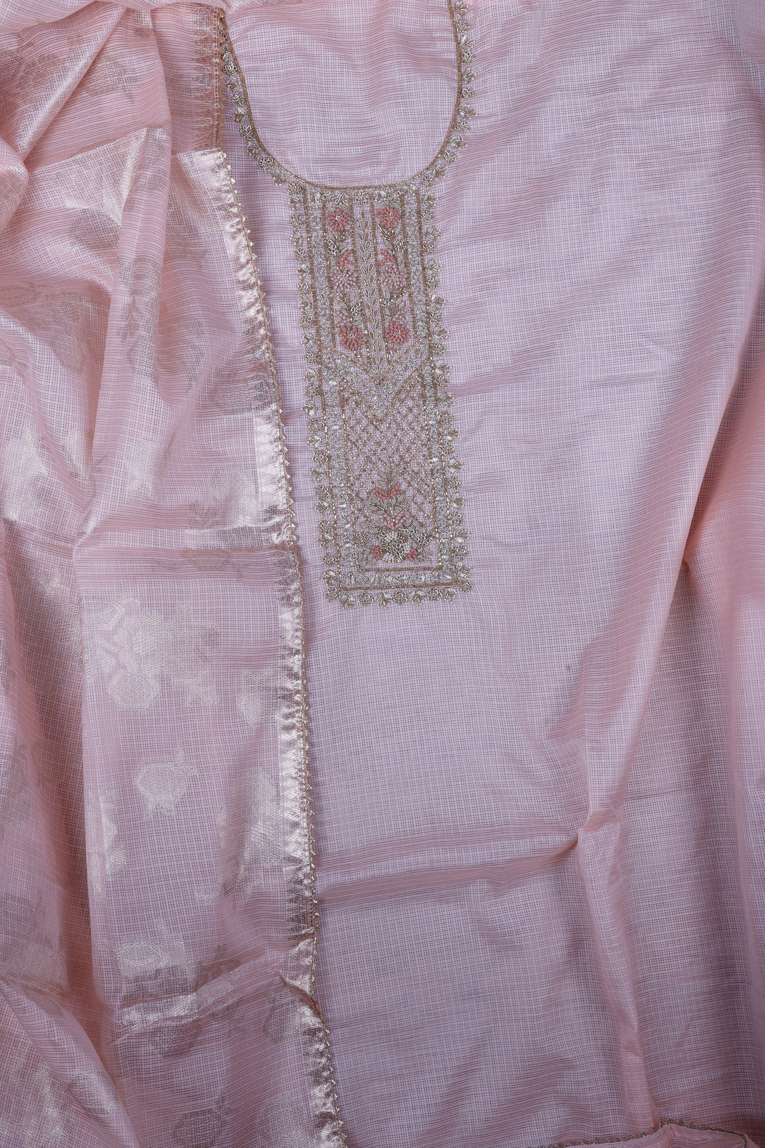 Blush Peach Kota Silk Suit Set with Zardozi Handwork